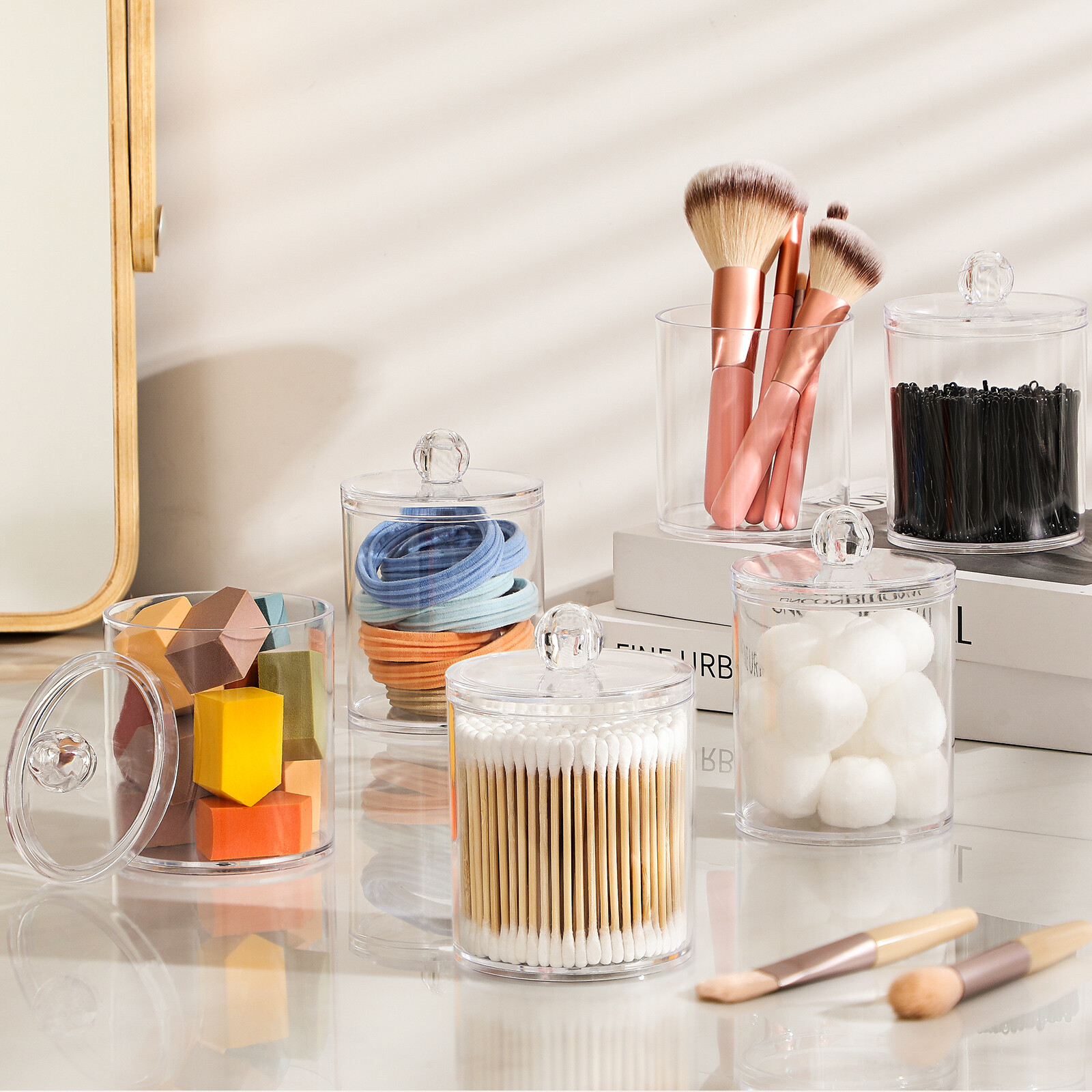 4 Pack Acrylic Qtip Holder Dispenser for Cotton Swabs, Balls, Floss Picks | Thick, Highly Clear, w/ Labels - Small Canister Apothecary Jar Set, Bathroom Decor Essentials, Shelf Vanity Storage Organizer view 2