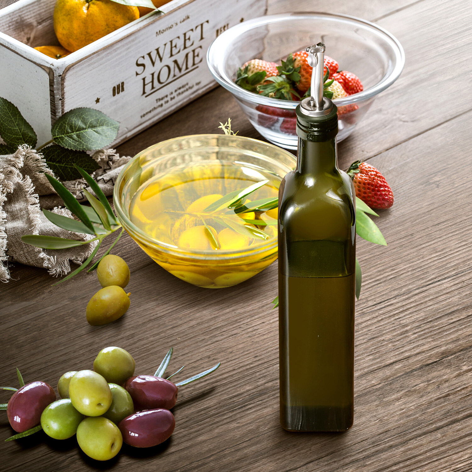 AOZITA 17oz Glass Olive Oil Bottle Dispenser - 500ml Green Oil and Vinegar Cruet with Pourers and Funnel - Olive Oil Carafe Decanter for Kitchen view 7