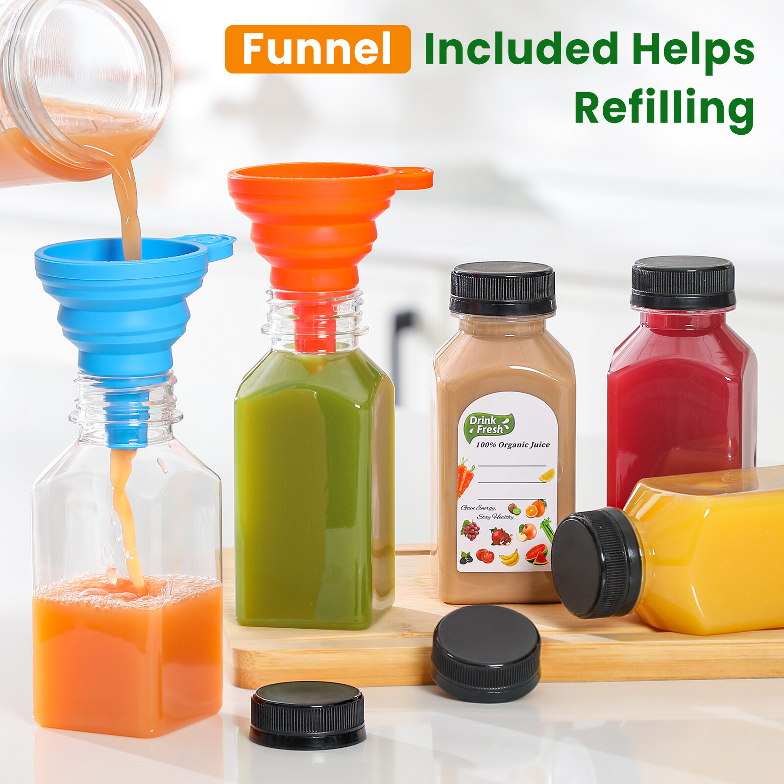 12 PACK, 8 OZ Reusable Thicker Plastic Juice Bottles with Caps, Leakproof | Plus 12 Labels & 2 Funnels, Clear Juicing Bottles for Juice, Smoothies, Ginger, Tea, Coffee -Food Grade & Travel & Freezable view 7