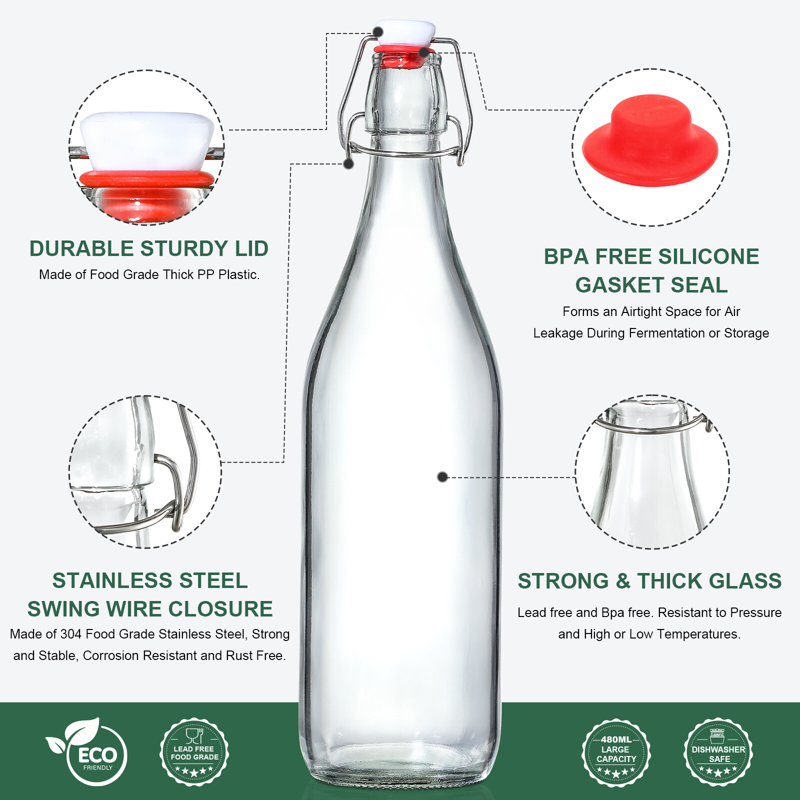 8 Pack 16OZ Swing Top Glass Bottles, Flip Top Brewing Fermentation Bottles | With 2 Pourers, Airtight for Beverages Vanilla Extract, Kombucha, Mead, Kefir, Coquito, Soda, Carbonated Drink, Juice, Syrup view 3