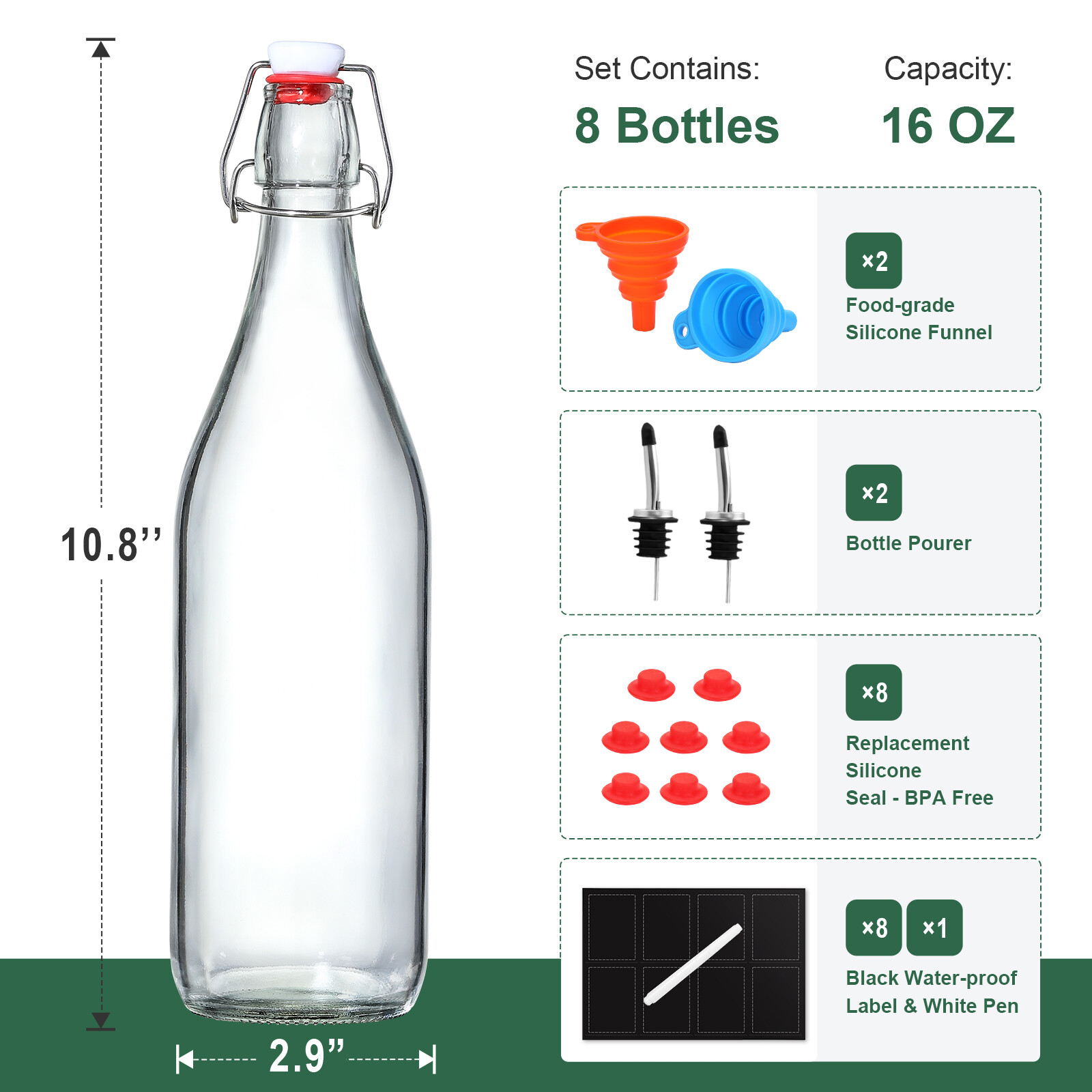 8 Pack 16OZ Swing Top Glass Bottles, Flip Top Brewing Fermentation Bottles | With 2 Pourers, Airtight for Beverages Vanilla Extract, Kombucha, Mead, Kefir, Coquito, Soda, Carbonated Drink, Juice, Syrup view 2