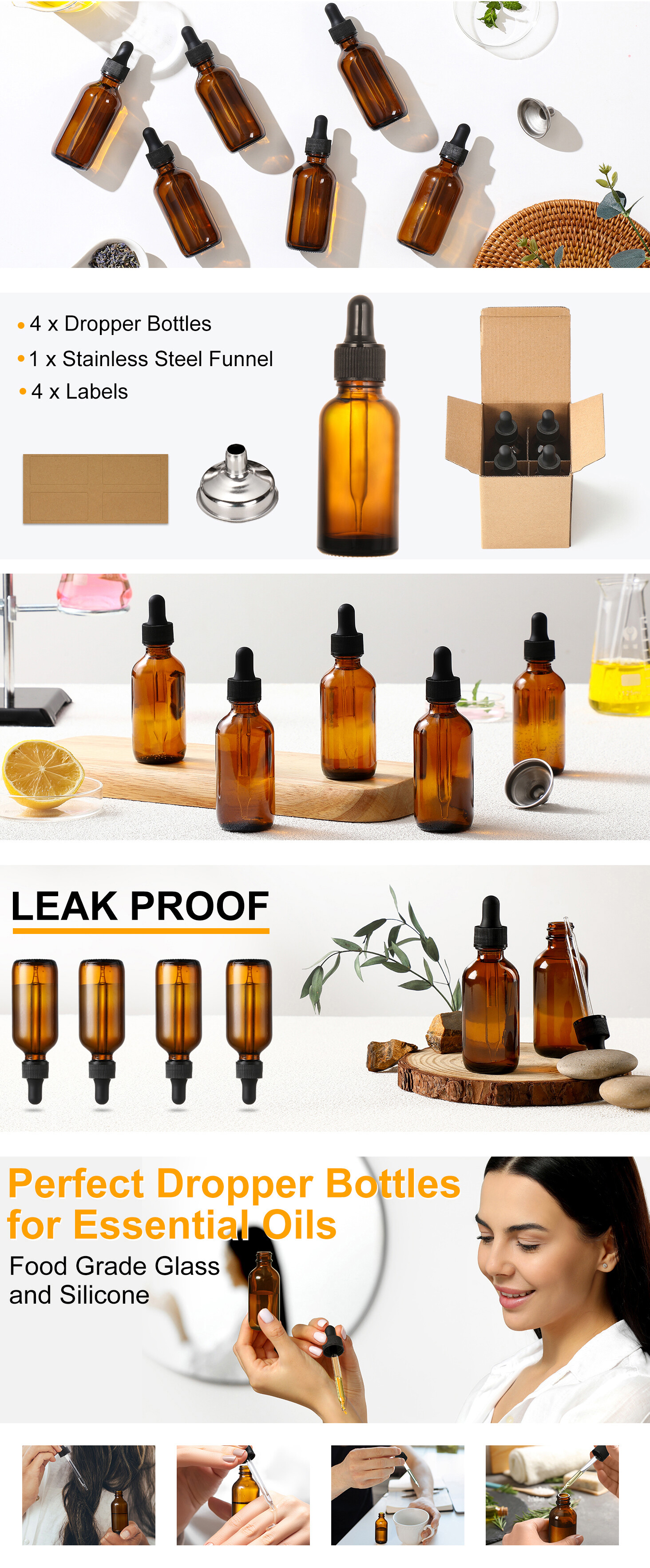 4 Pack, 2 oz Bottles with Dropper & 1 Funnel & 4 Labels - Essential Oils Bottles for Health, Personal Care & Beauty - 60ml Thick Dark Amber Glass Tincture Bottles, Refillable Cosmetic Containers detail 1