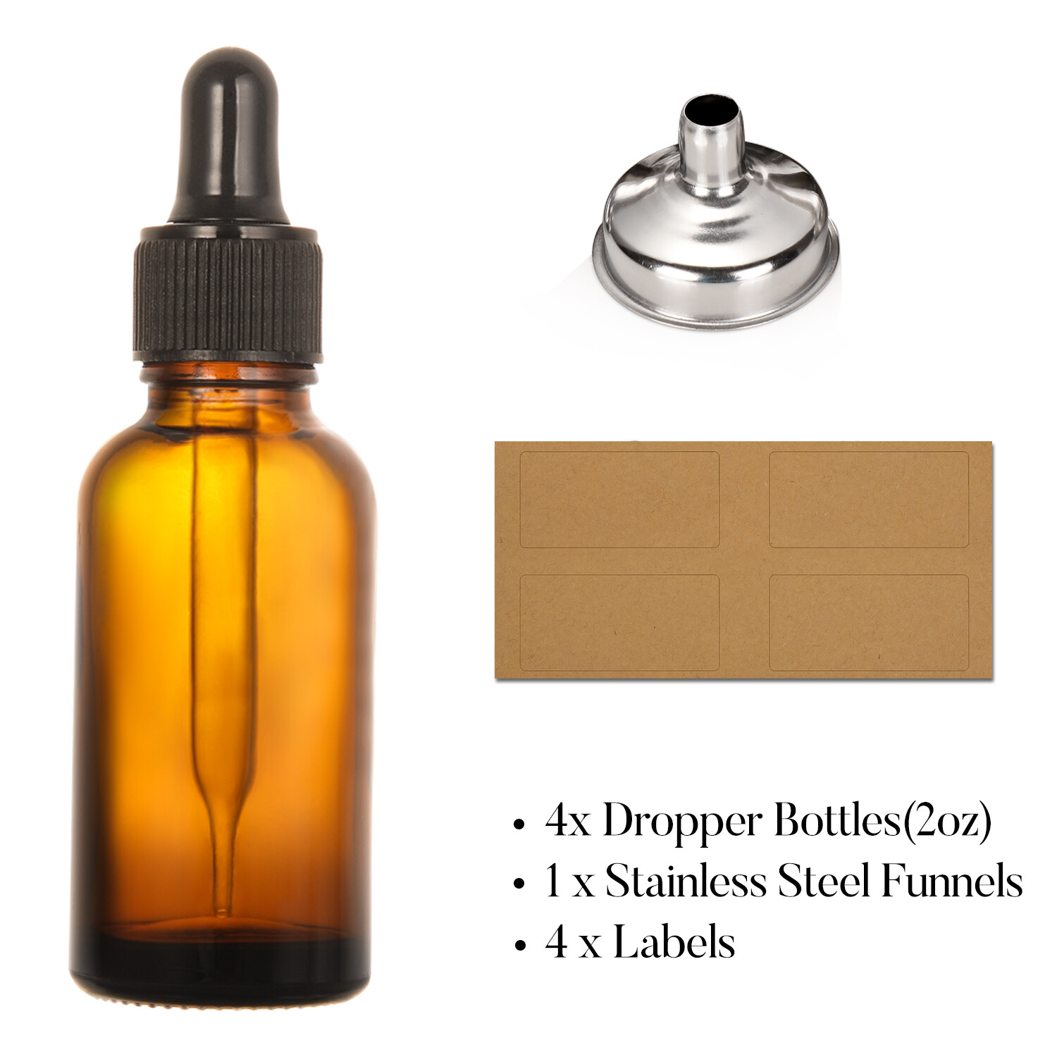 4 Pack, 2 oz Bottles with Dropper & 1 Funnel & 4 Labels - Essential Oils Bottles for Health, Personal Care & Beauty - 60ml Thick Dark Amber Glass Tincture Bottles, Refillable Cosmetic Containers view 3