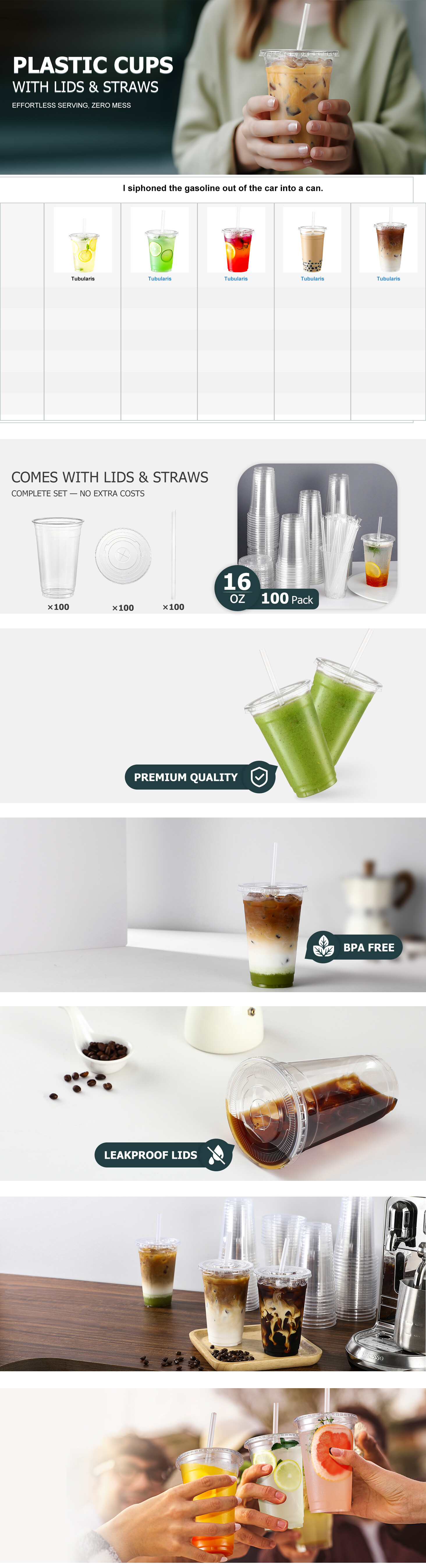 AOZITA [100 Sets] 16 oz Clear Plastic Cups With Lids and Straws, Disposable Cups With Lids for Iced Coffee, Smoothie, Milkshake and Cold Drinks (New-16-100) detail 1