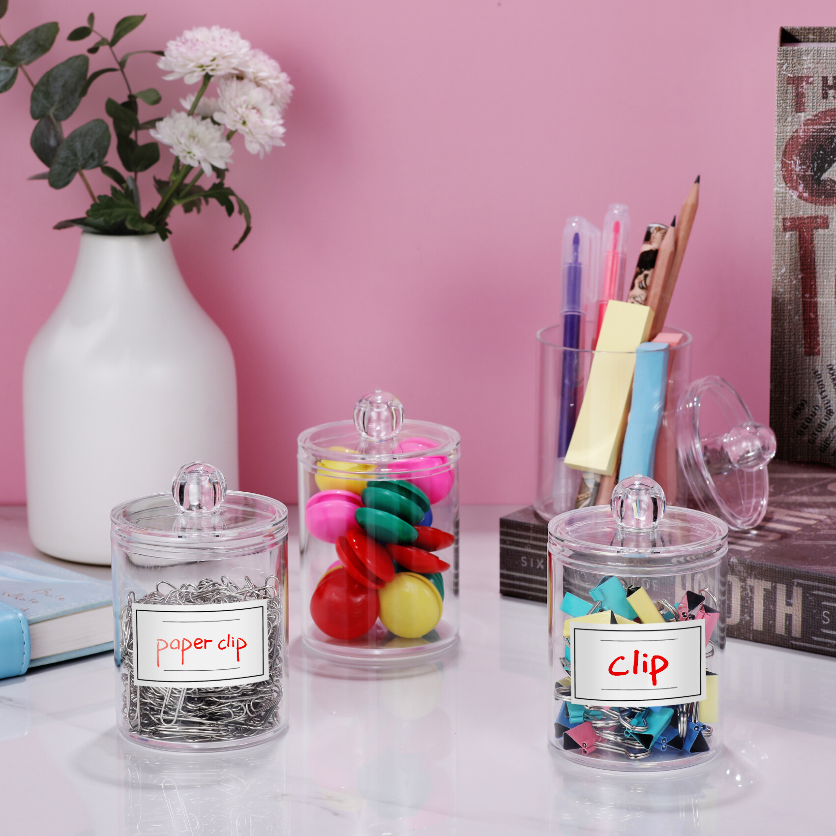 4 Pack Acrylic Qtip Holder Dispenser for Cotton Swabs, Balls, Floss Picks | Thick, Highly Clear, w/ Labels - Small Canister Apothecary Jar Set, Bathroom Decor Essentials, Shelf Vanity Storage Organizer view 9