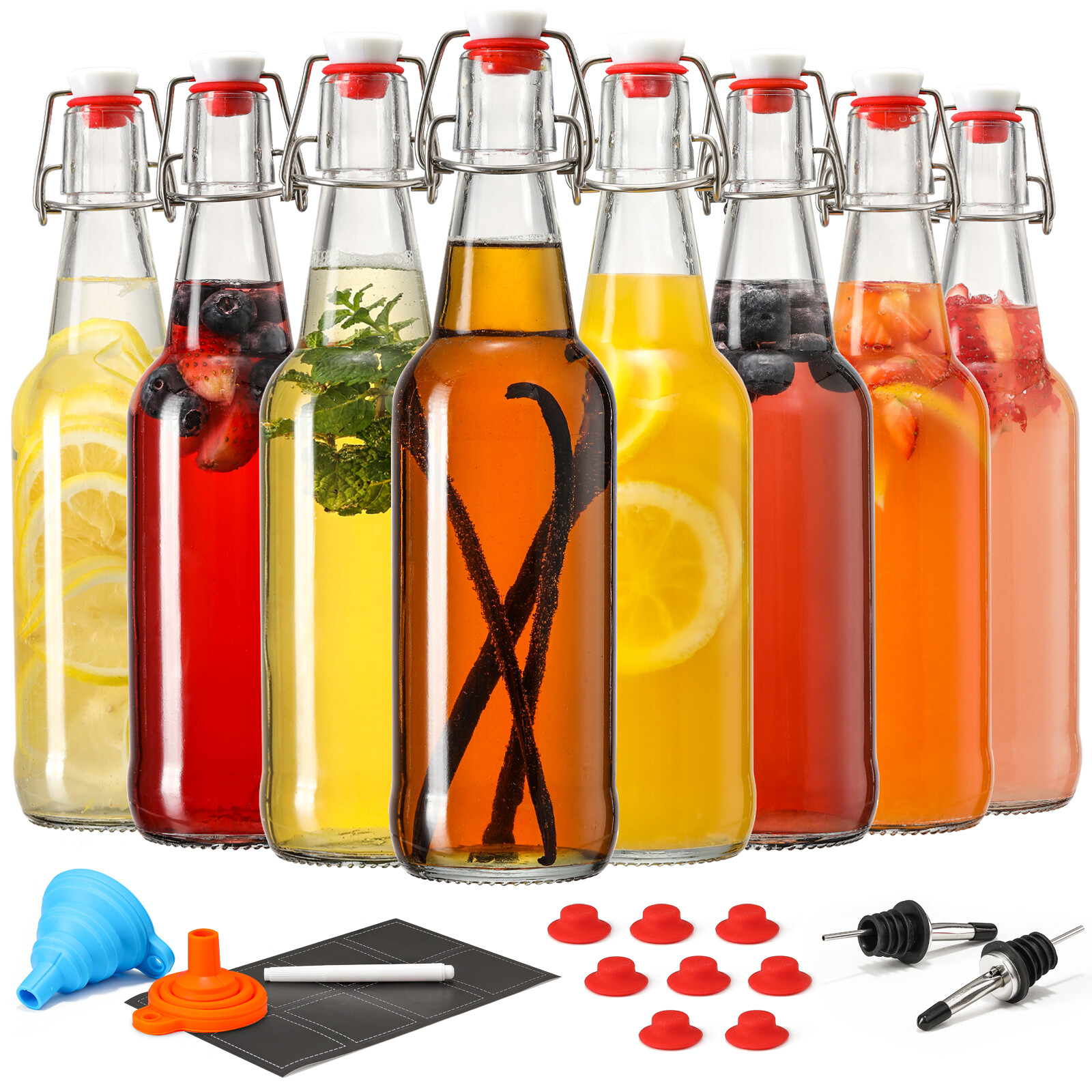 8 Pack 16OZ Swing Top Glass Bottles, Flip Top Brewing Fermentation Bottles | With 2 Pourers, Airtight for Beverages Vanilla Extract, Kombucha, Mead, Kefir, Coquito, Soda, Carbonated Drink, Juice, Syrup