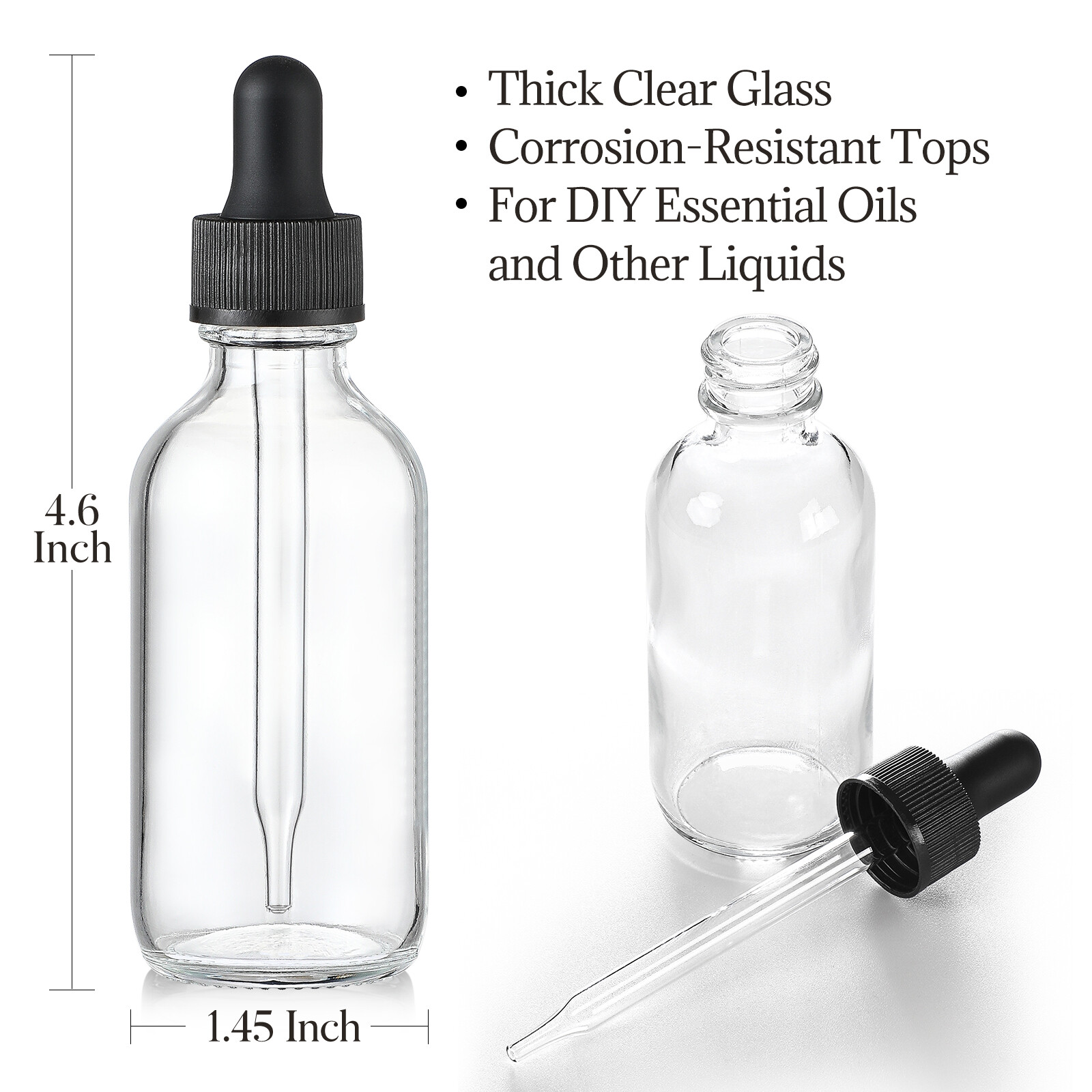 12 Pack, 2 oz Glass Eye Dropper Bottles w/ 3 Stainless Steel Funnels & 1 Long Pipette Dropper & 24 Labels - 60ml Clear Tincture Bottles for Essential Oils, Liquids - Leakproof Travel Essential Bottles view 3