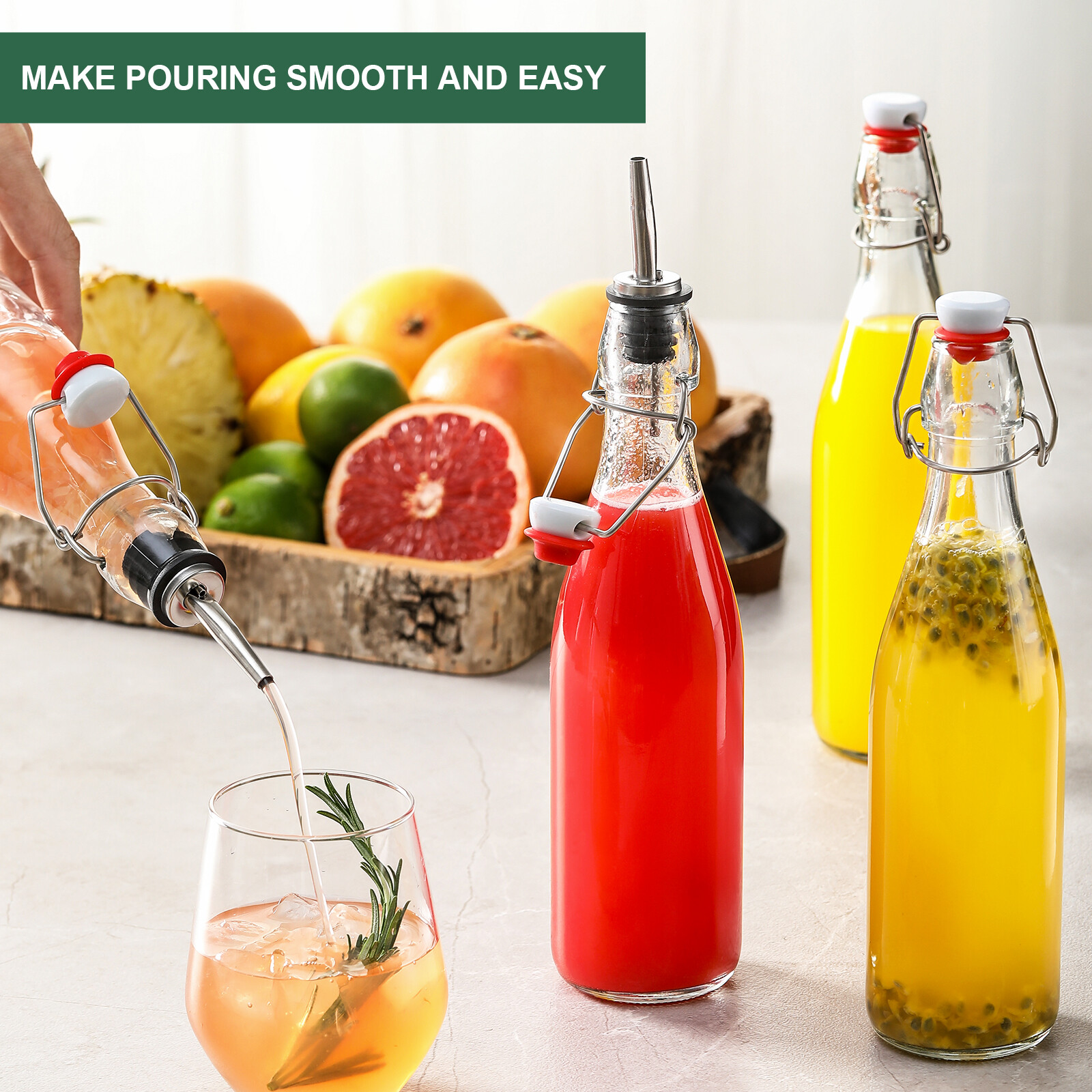 8 Pack 16OZ Swing Top Glass Bottles, Flip Top Brewing Fermentation Bottles | With 2 Pourers, Airtight for Beverages Vanilla Extract, Kombucha, Mead, Kefir, Coquito, Soda, Carbonated Drink, Juice, Syrup view 4
