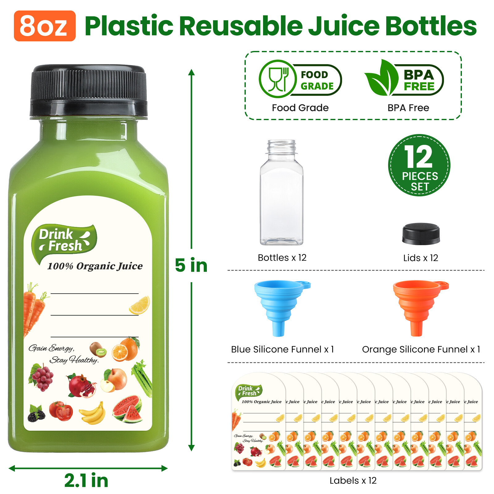 12 PACK, 8 OZ Reusable Thicker Plastic Juice Bottles with Caps, Leakproof | Plus 12 Labels & 2 Funnels, Clear Juicing Bottles for Juice, Smoothies, Ginger, Tea, Coffee -Food Grade & Travel & Freezable view 2
