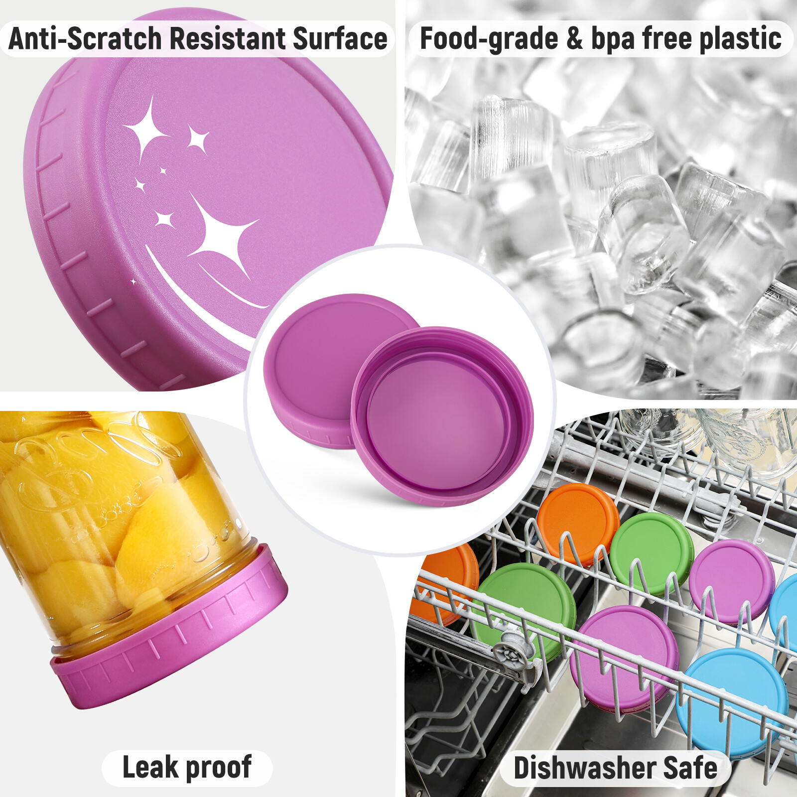 AOZITA 10 WIDE Mouth & 10 REGULAR Mouth Mason Jar Lids - 20 Pack Food Grade Plastic Mason Jar Caps for Ball, Kerr and More Canning Jars - Leakproof & Dishwasher Safe - Multicolor view 3