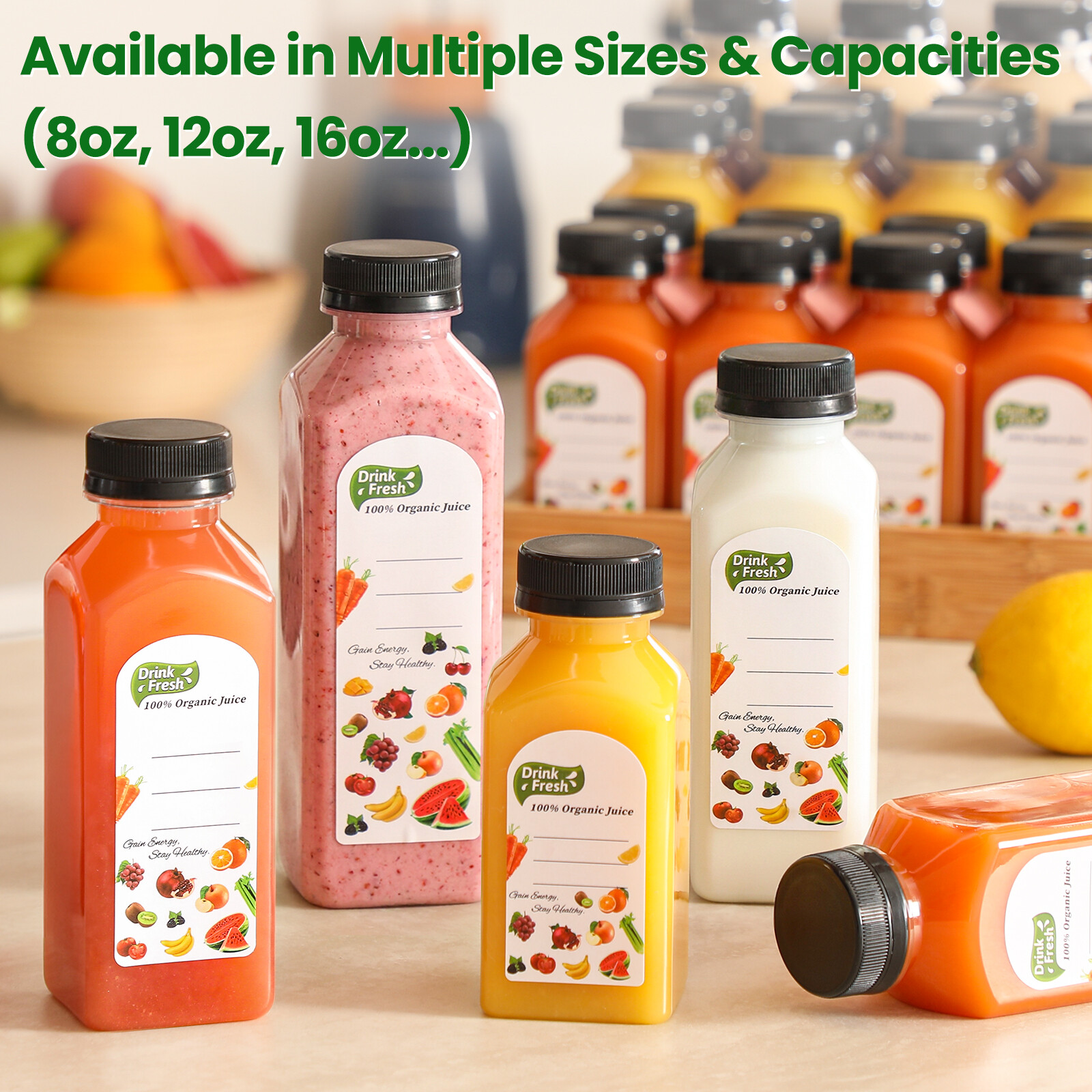 12 PACK, 8 OZ Reusable Thicker Plastic Juice Bottles with Caps, Leakproof | Plus 12 Labels & 2 Funnels, Clear Juicing Bottles for Juice, Smoothies, Ginger, Tea, Coffee -Food Grade & Travel & Freezable view 9