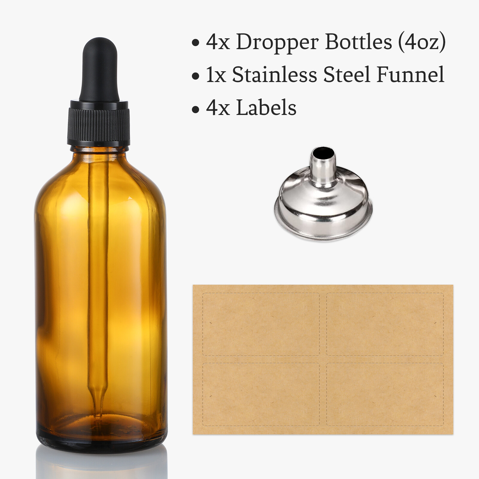 AOZITA 4 Pack, 4 oz Dropper Bottles with 1 Funnel & 4 Labels - Essential Oils Bottles for Health, Personal Care & Beauty - 120ml Thick Dark Amber Glass Tincture Bottles with Eye Droppers, Leakproof view 2