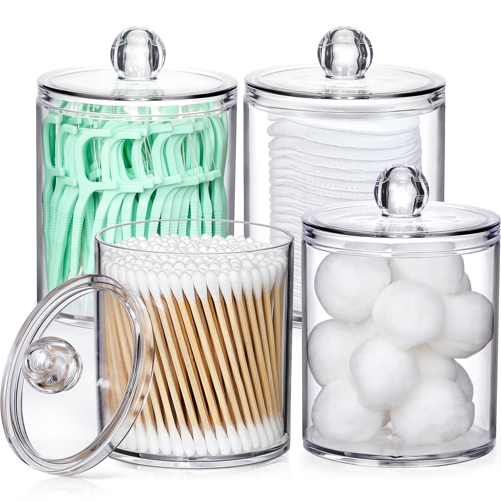 4 Pack Acrylic Qtip Holder Dispenser for Cotton Swabs, Balls, Floss Picks | Thick, Highly Clear, w/ Labels - Small Canister Apothecary Jar Set, Bathroom Decor Essentials, Shelf Vanity Storage Organizer