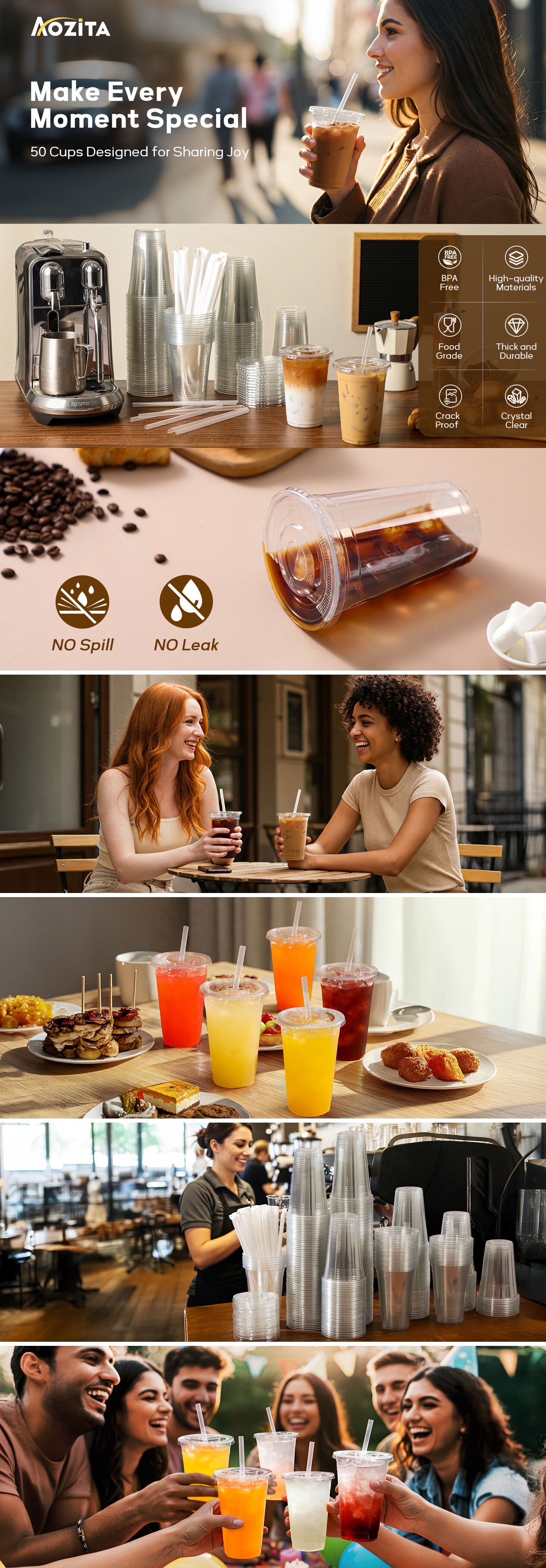 AOZITA 16 oz Plastic Cups with Lids and Straws, 50 Pack, Disposable Iced Coffee Cups with Lids, Clear Cups with Lids for Cold Drinks, Iced Tea, Milkshakes, Smoothies - Durable & BPA Free detail 1