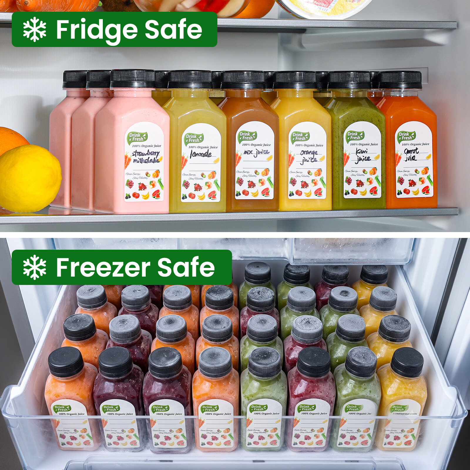 12 PACK, 8 OZ Reusable Thicker Plastic Juice Bottles with Caps, Leakproof | Plus 12 Labels & 2 Funnels, Clear Juicing Bottles for Juice, Smoothies, Ginger, Tea, Coffee -Food Grade & Travel & Freezable view 6