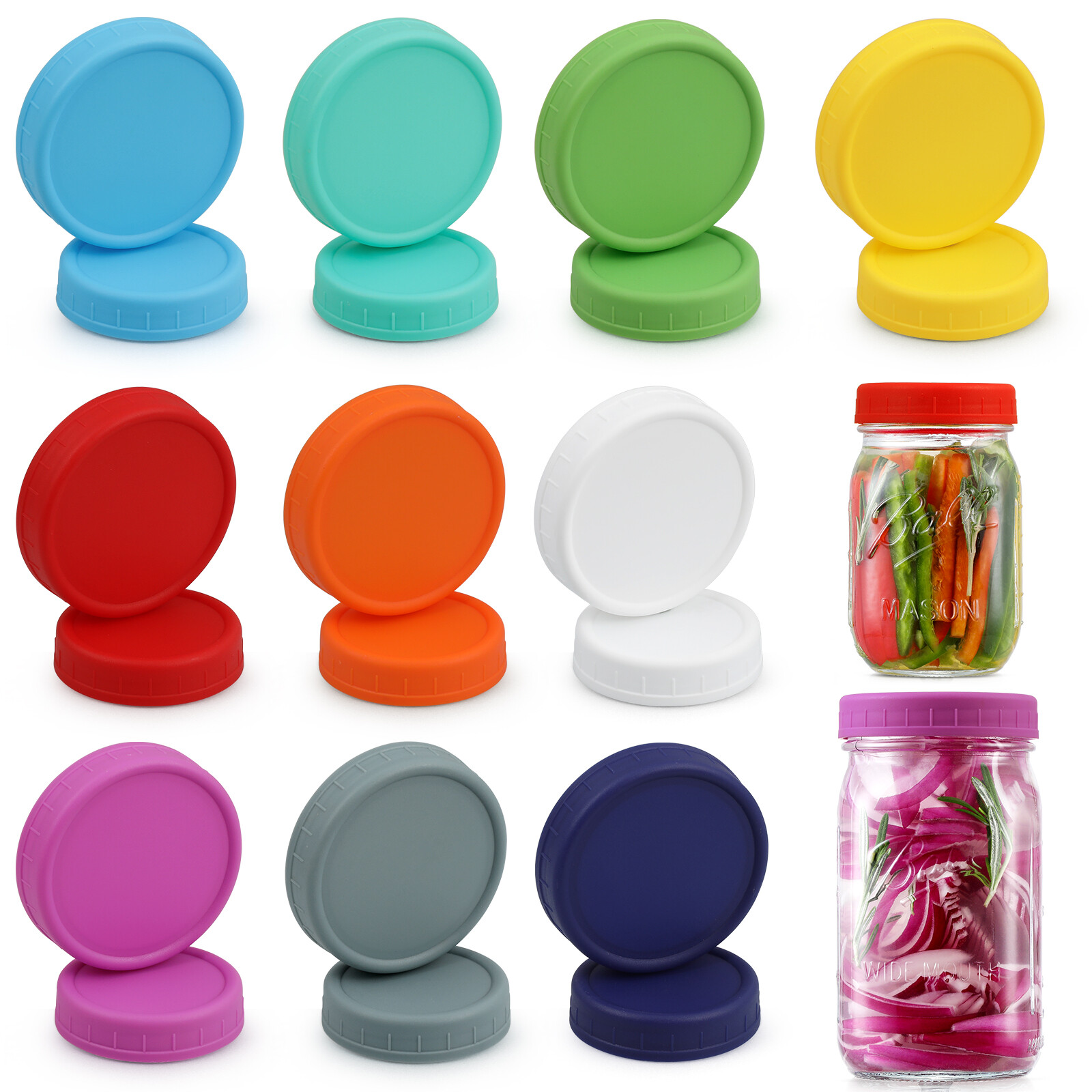 AOZITA 10 WIDE Mouth & 10 REGULAR Mouth Mason Jar Lids - 20 Pack Food Grade Plastic Mason Jar Caps for Ball, Kerr and More Canning Jars - Leakproof & Dishwasher Safe - Multicolor view 2