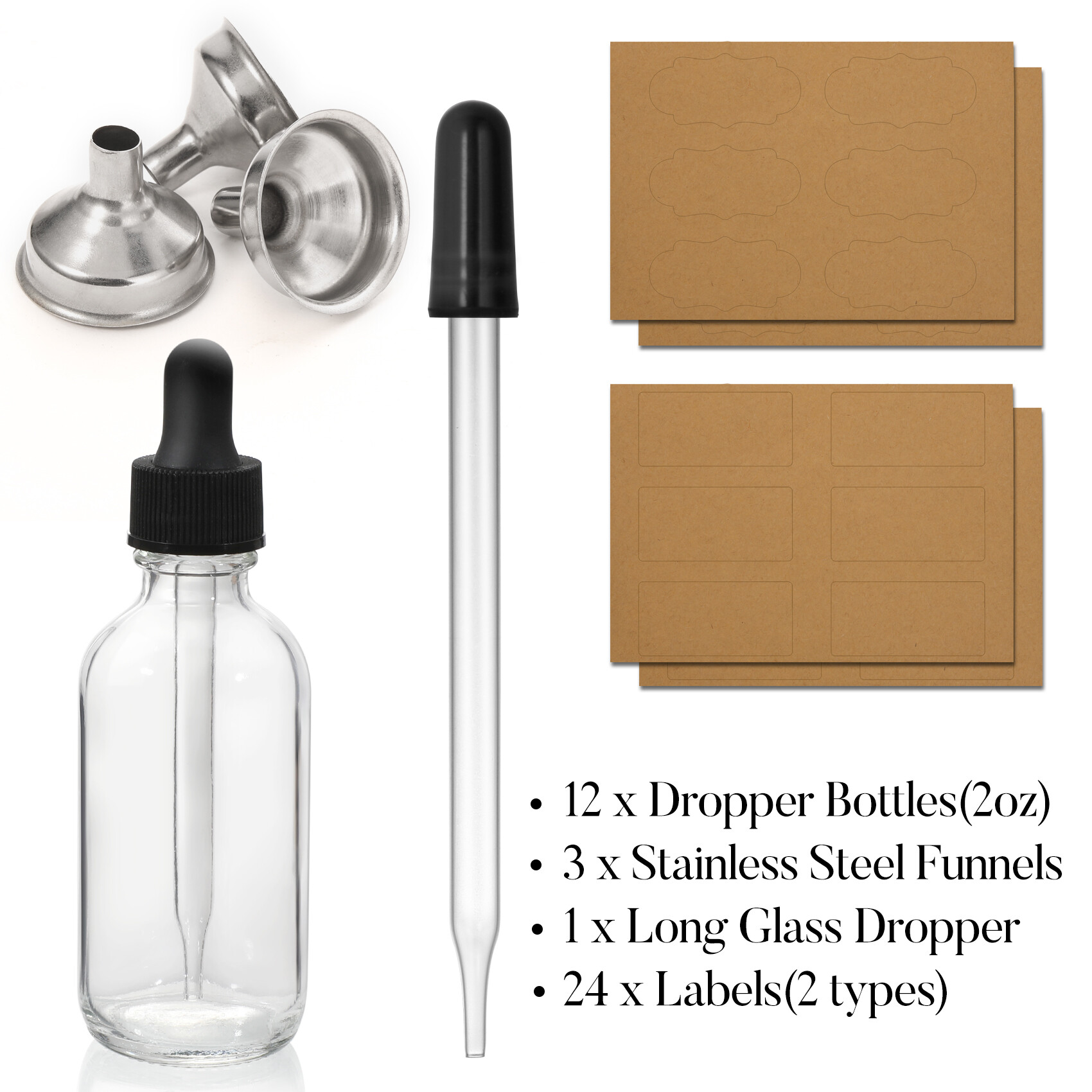 12 Pack, 2 oz Glass Eye Dropper Bottles w/ 3 Stainless Steel Funnels & 1 Long Pipette Dropper & 24 Labels - 60ml Clear Tincture Bottles for Essential Oils, Liquids - Leakproof Travel Essential Bottles view 2