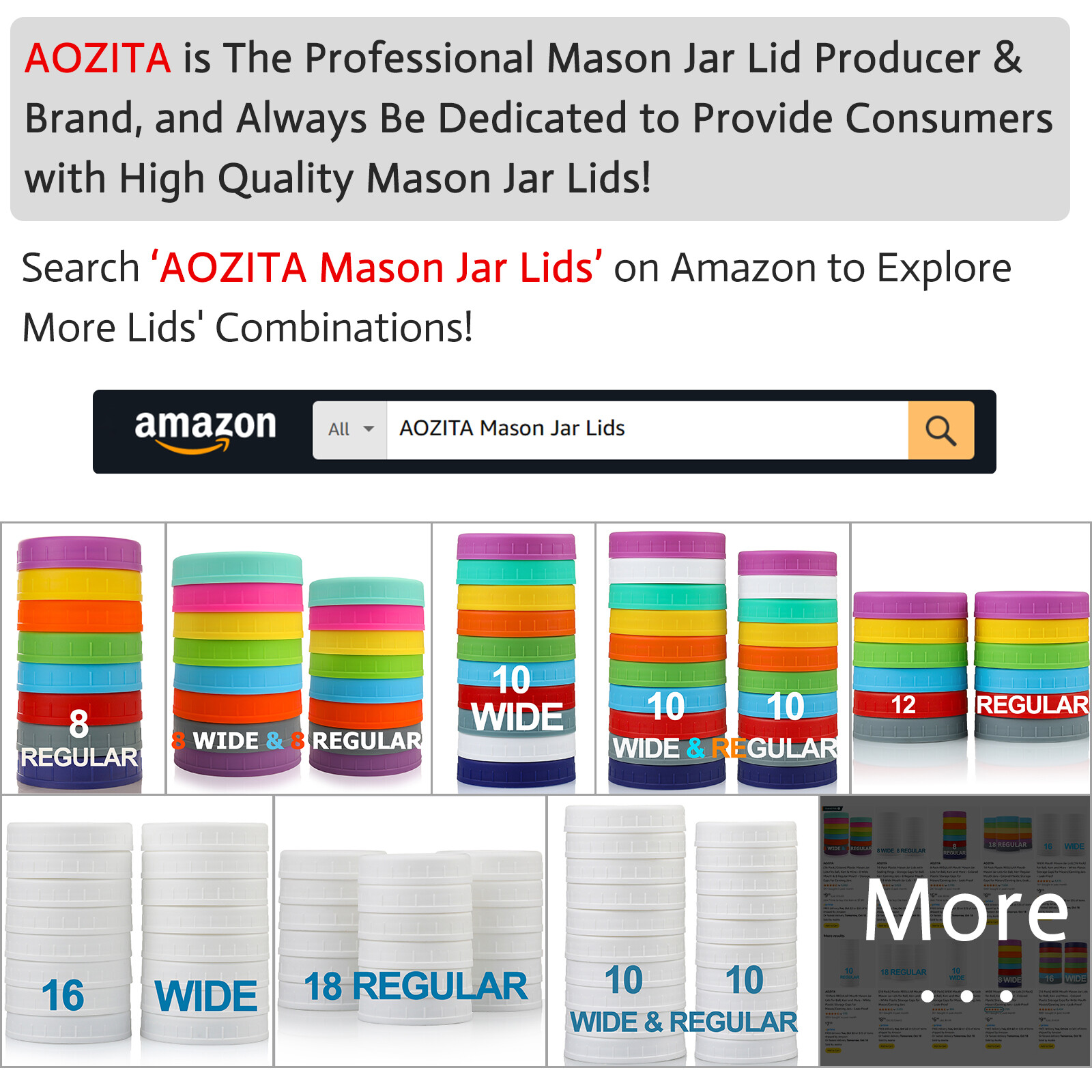 AOZITA 10 WIDE Mouth & 10 REGULAR Mouth Mason Jar Lids - 20 Pack Food Grade Plastic Mason Jar Caps for Ball, Kerr and More Canning Jars - Leakproof & Dishwasher Safe - Multicolor view 7