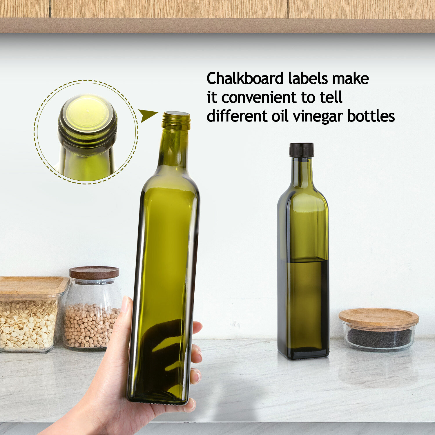 AOZITA 17oz Glass Olive Oil Bottle Dispenser - 500ml Green Oil and Vinegar Cruet with Pourers and Funnel - Olive Oil Carafe Decanter for Kitchen view 5