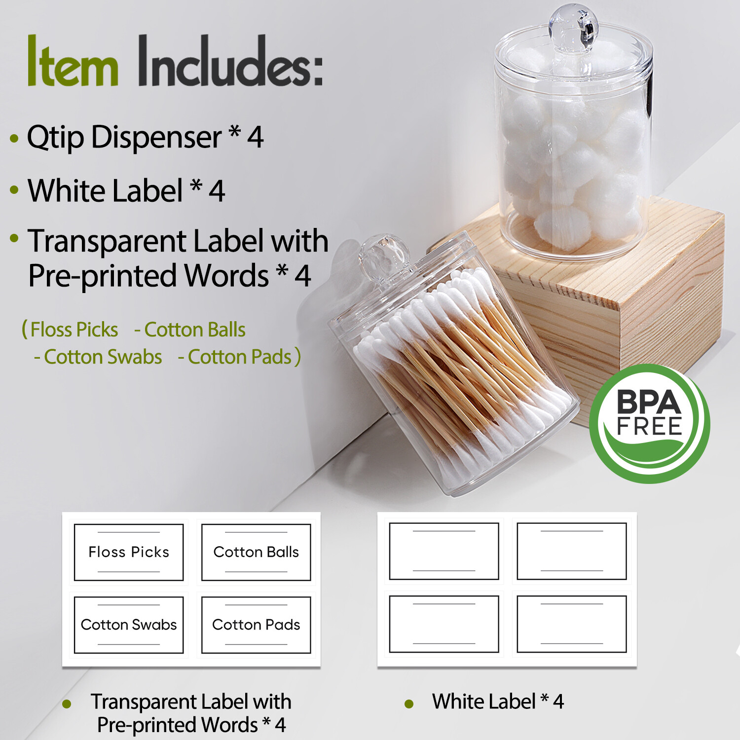 4 Pack Acrylic Qtip Holder Dispenser for Cotton Swabs, Balls, Floss Picks | Thick, Highly Clear, w/ Labels - Small Canister Apothecary Jar Set, Bathroom Decor Essentials, Shelf Vanity Storage Organizer view 4