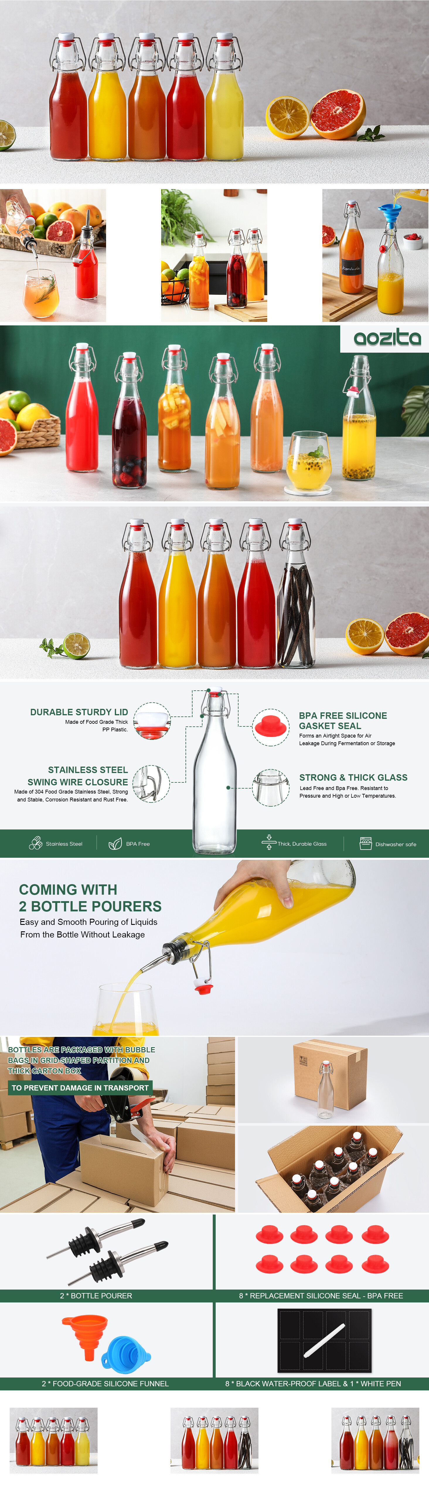 8 Pack 16OZ Swing Top Glass Bottles, Flip Top Brewing Fermentation Bottles | With 2 Pourers, Airtight for Beverages Vanilla Extract, Kombucha, Mead, Kefir, Coquito, Soda, Carbonated Drink, Juice, Syrup detail 1