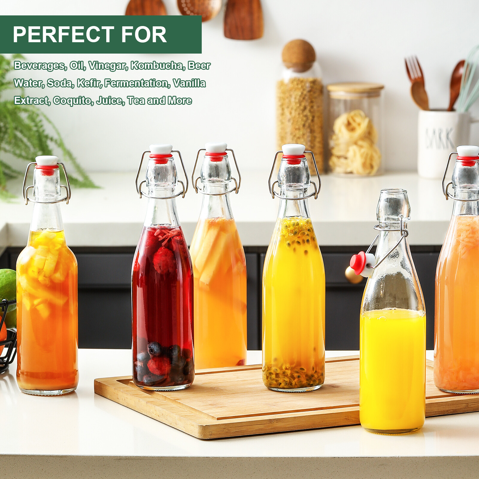 8 Pack 16OZ Swing Top Glass Bottles, Flip Top Brewing Fermentation Bottles | With 2 Pourers, Airtight for Beverages Vanilla Extract, Kombucha, Mead, Kefir, Coquito, Soda, Carbonated Drink, Juice, Syrup view 6