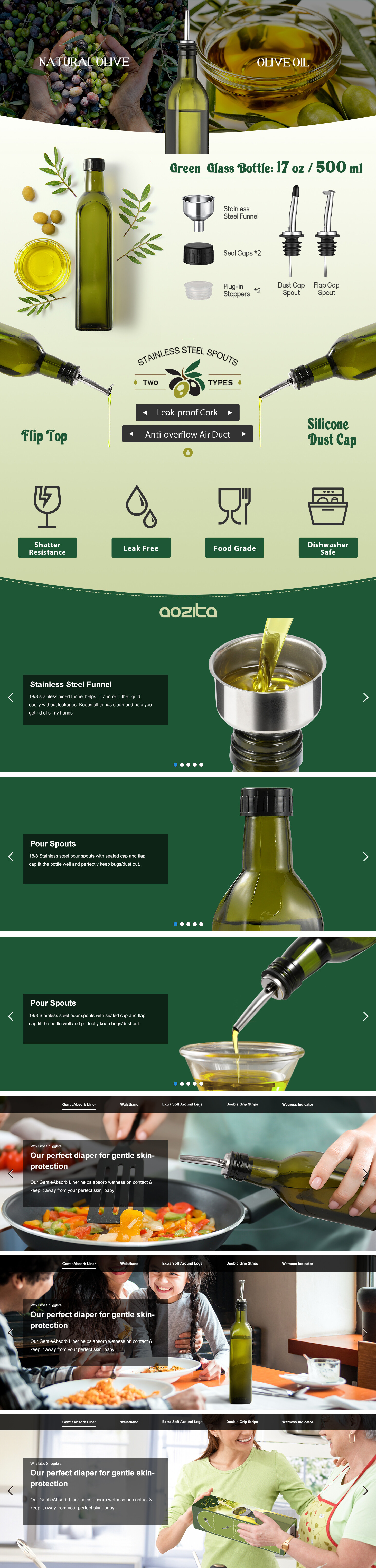 AOZITA 17oz Glass Olive Oil Bottle Dispenser - 500ml Green Oil and Vinegar Cruet with Pourers and Funnel - Olive Oil Carafe Decanter for Kitchen detail 1