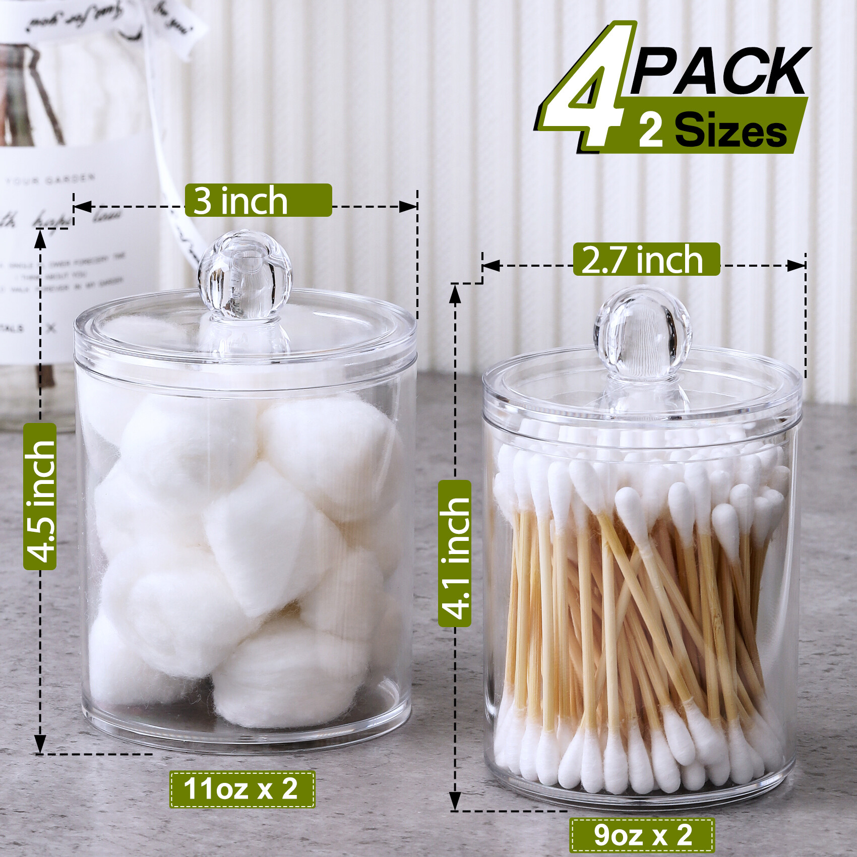 4 Pack Acrylic Qtip Holder Dispenser for Cotton Swabs, Balls, Floss Picks | Thick, Highly Clear, w/ Labels - Small Canister Apothecary Jar Set, Bathroom Decor Essentials, Shelf Vanity Storage Organizer view 3