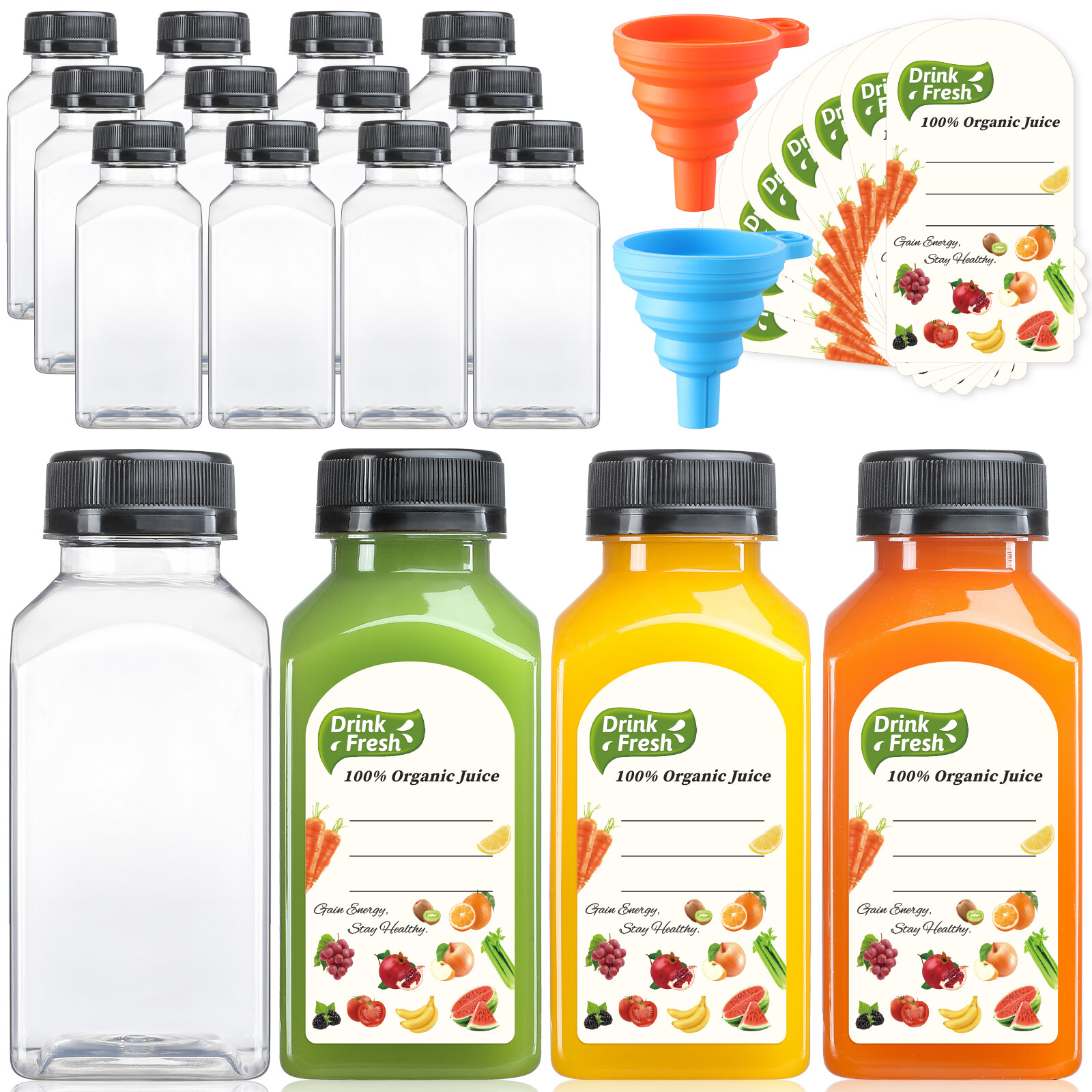 12 PACK, 8 OZ Reusable Thicker Plastic Juice Bottles with Caps, Leakproof | Plus 12 Labels & 2 Funnels, Clear Juicing Bottles for Juice, Smoothies, Ginger, Tea, Coffee -Food Grade & Travel & Freezable