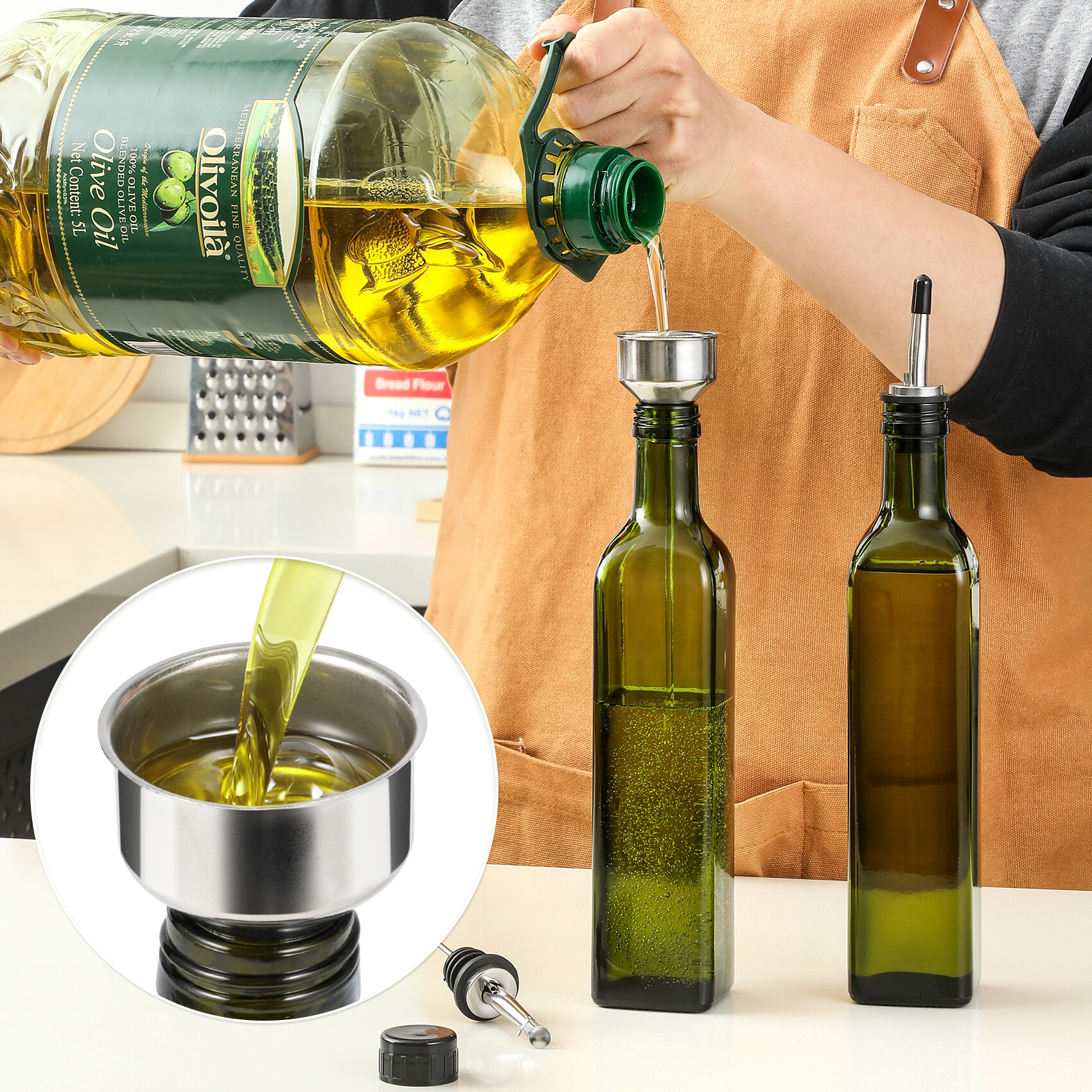 AOZITA 17oz Glass Olive Oil Bottle Dispenser - 500ml Green Oil and Vinegar Cruet with Pourers and Funnel - Olive Oil Carafe Decanter for Kitchen view 6