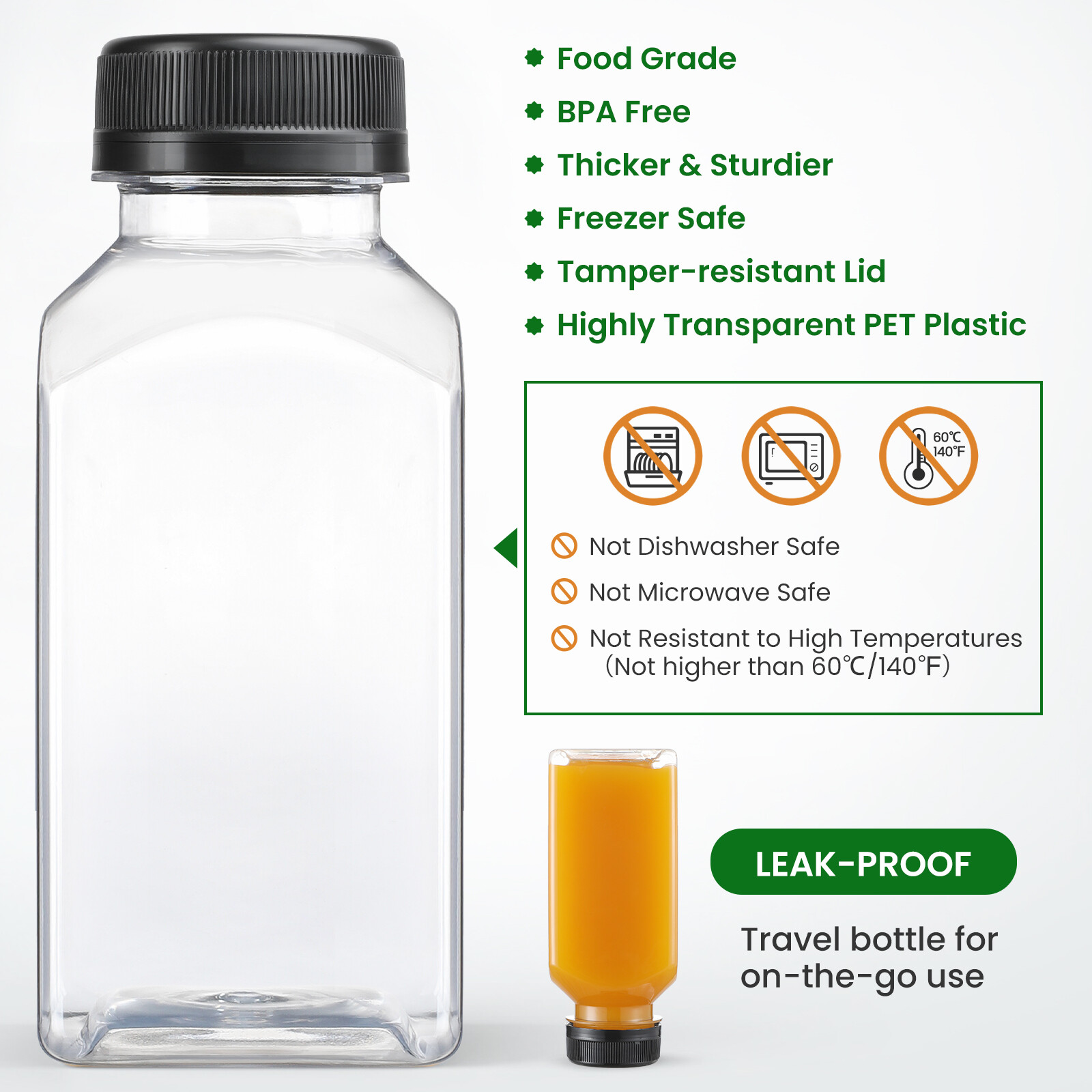 12 PACK, 8 OZ Reusable Thicker Plastic Juice Bottles with Caps, Leakproof | Plus 12 Labels & 2 Funnels, Clear Juicing Bottles for Juice, Smoothies, Ginger, Tea, Coffee -Food Grade & Travel & Freezable view 3