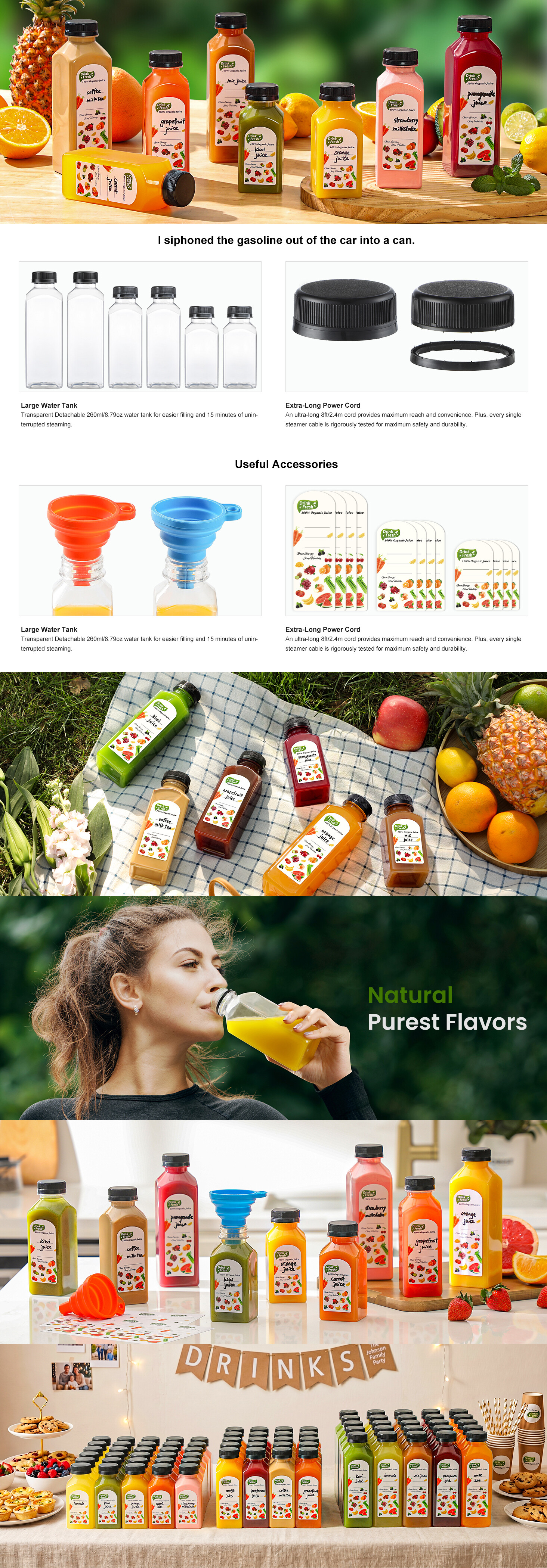 12 PACK, 8 OZ Reusable Thicker Plastic Juice Bottles with Caps, Leakproof | Plus 12 Labels & 2 Funnels, Clear Juicing Bottles for Juice, Smoothies, Ginger, Tea, Coffee -Food Grade & Travel & Freezable detail 1