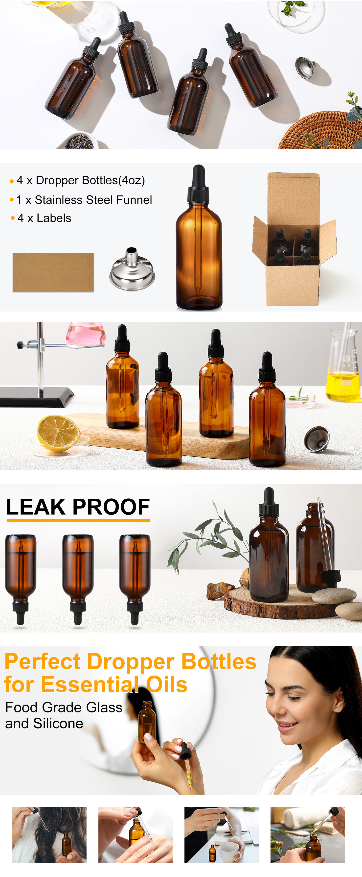 AOZITA 4 Pack, 4 oz Dropper Bottles with 1 Funnel & 4 Labels - Essential Oils Bottles for Health, Personal Care & Beauty - 120ml Thick Dark Amber Glass Tincture Bottles with Eye Droppers, Leakproof detail 1