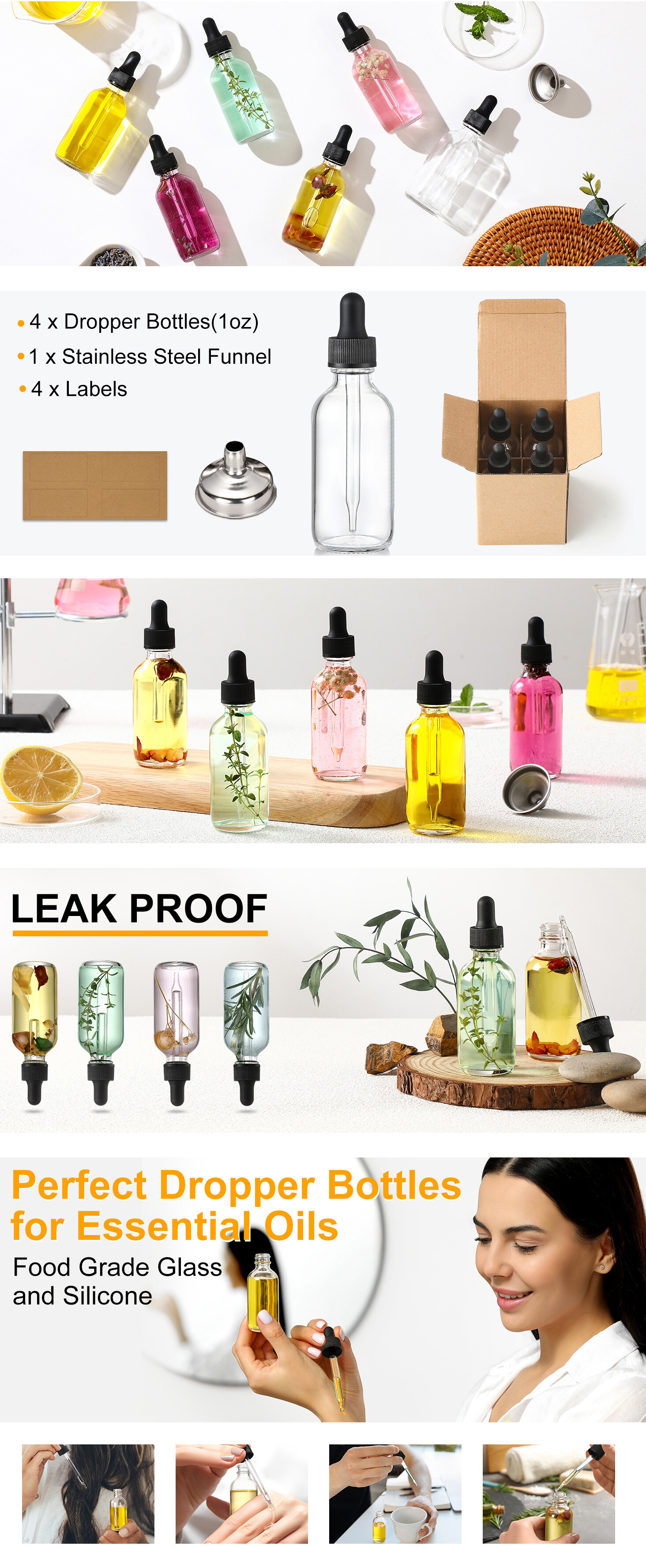 12 Pack, 2 oz Glass Eye Dropper Bottles w/ 3 Stainless Steel Funnels & 1 Long Pipette Dropper & 24 Labels - 60ml Clear Tincture Bottles for Essential Oils, Liquids - Leakproof Travel Essential Bottles detail 1