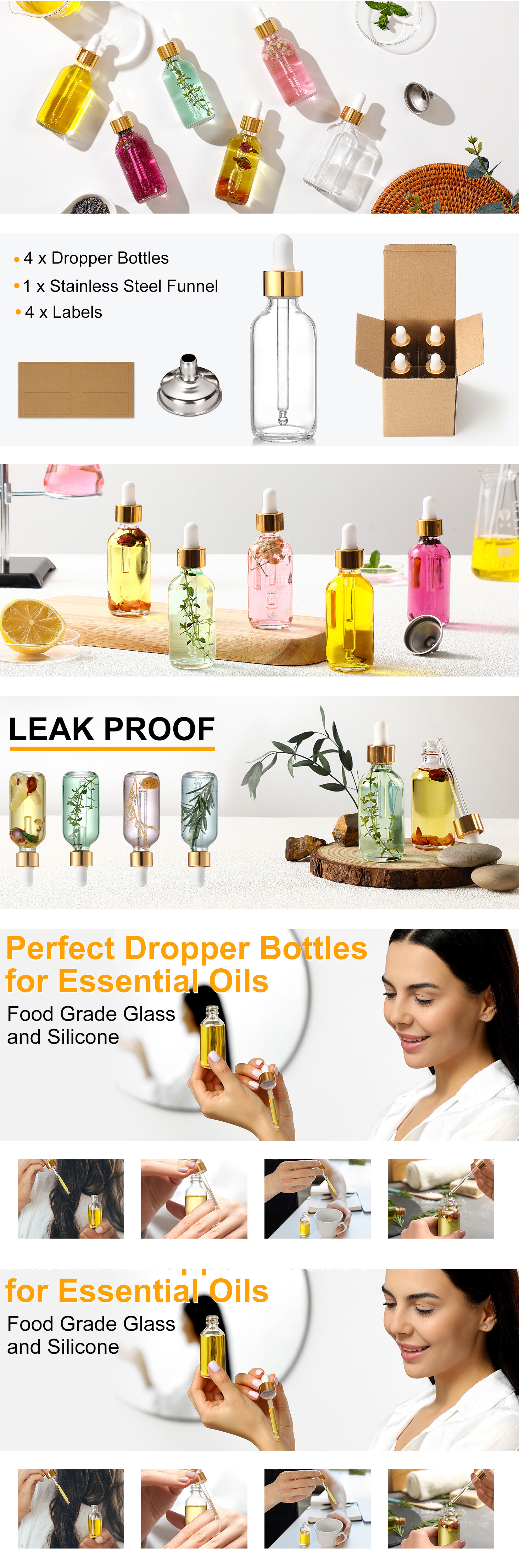 AOZITA 4 Pcs, 1 oz Golden Cap Clear Dropper Bottles (30ml) with 1 Funnel & 4 Labels - Glass Tincture Bottles with Eye Droppers - Leakproof Essential Oil Bottles for Health, Personal Care & Beauty detail 1
