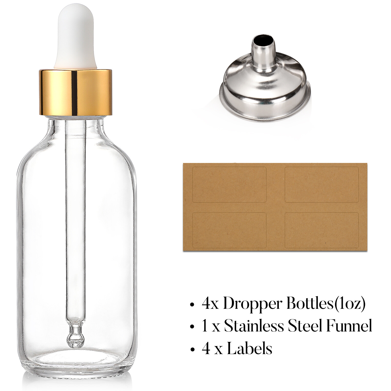 AOZITA 4 Pcs, 1 oz Golden Cap Clear Dropper Bottles (30ml) with 1 Funnel & 4 Labels - Glass Tincture Bottles with Eye Droppers - Leakproof Essential Oil Bottles for Health, Personal Care & Beauty view 4