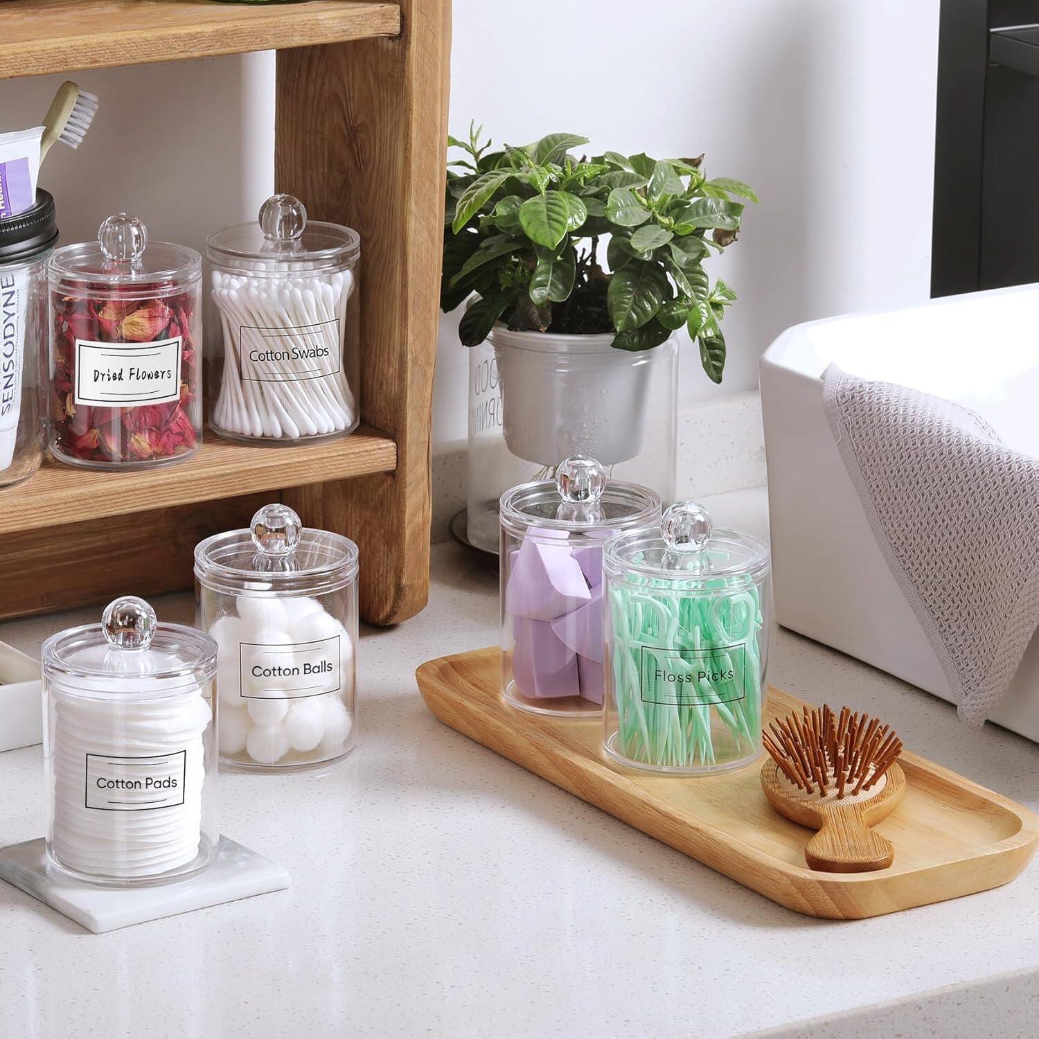 4 Pack Acrylic Qtip Holder Dispenser for Cotton Swabs, Balls, Floss Picks | Thick, Highly Clear, w/ Labels - Small Canister Apothecary Jar Set, Bathroom Decor Essentials, Shelf Vanity Storage Organizer view 8