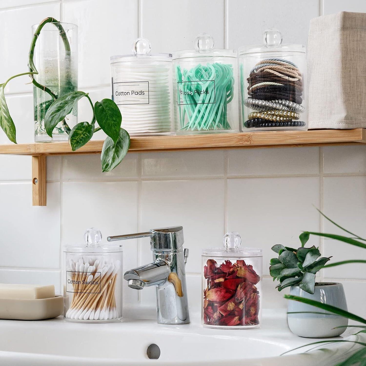 4 Pack Acrylic Qtip Holder Dispenser for Cotton Swabs, Balls, Floss Picks | Thick, Highly Clear, w/ Labels - Small Canister Apothecary Jar Set, Bathroom Decor Essentials, Shelf Vanity Storage Organizer view 6