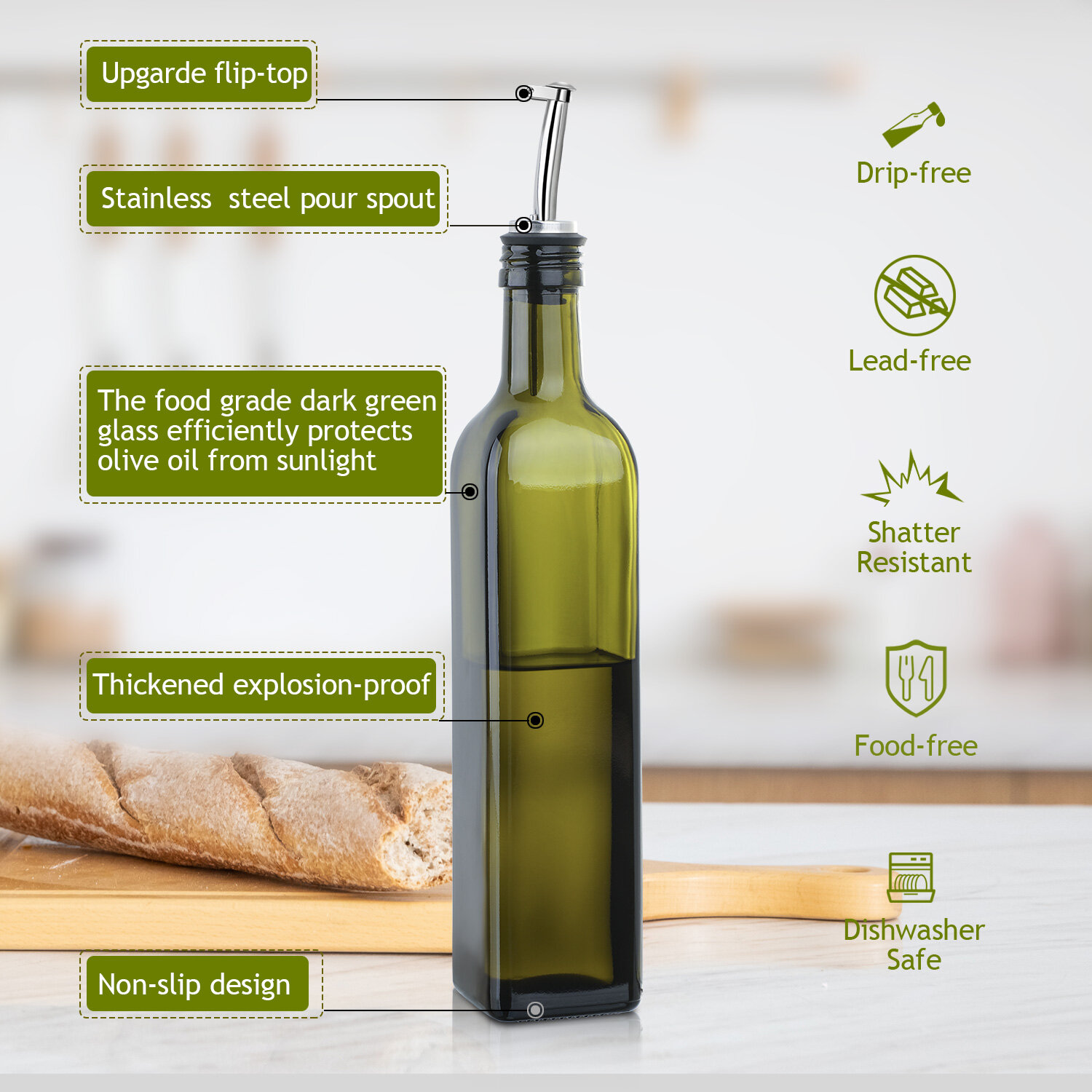 AOZITA 17oz Glass Olive Oil Bottle Dispenser - 500ml Green Oil and Vinegar Cruet with Pourers and Funnel - Olive Oil Carafe Decanter for Kitchen view 2