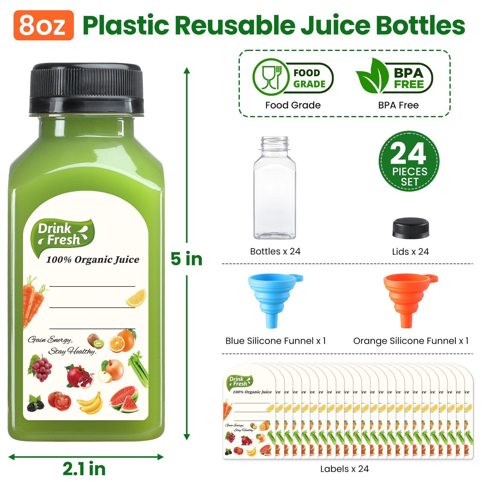 12 PACK, 8 OZ Reusable Thicker Plastic Juice Bottles with Caps, Leakproof | Plus 12 Labels & 2 Funnels, Clear Juicing Bottles for Juice, Smoothies, Ginger, Tea, Coffee -Food Grade & Travel & Freezable view 4