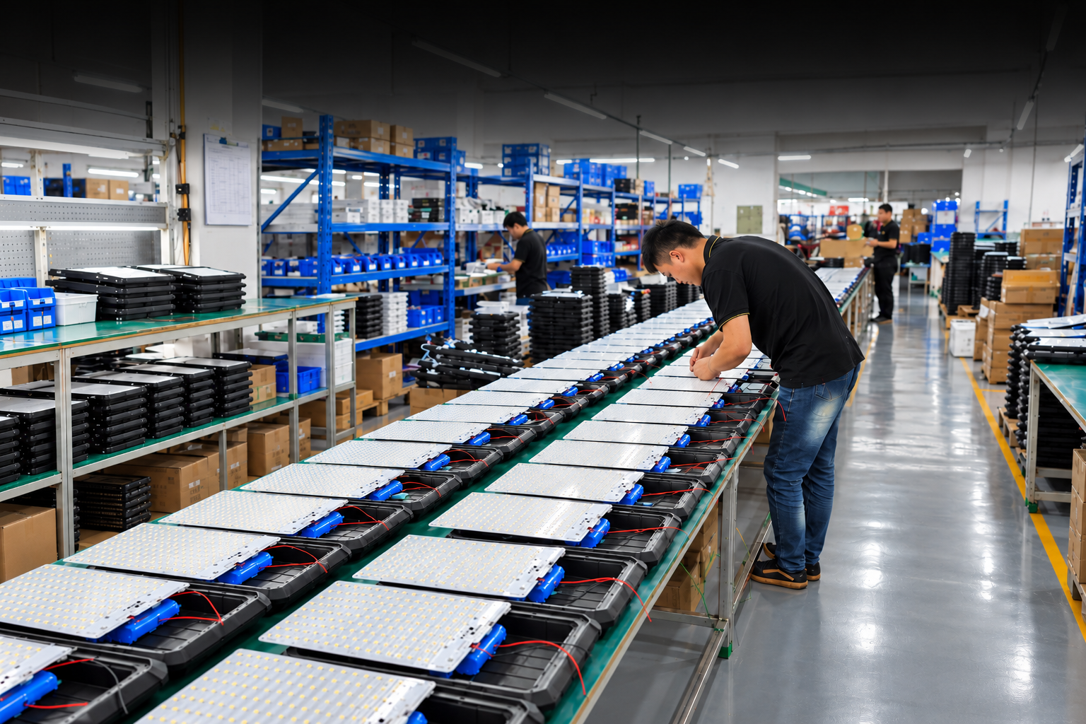 LED flood light assembly line with workers