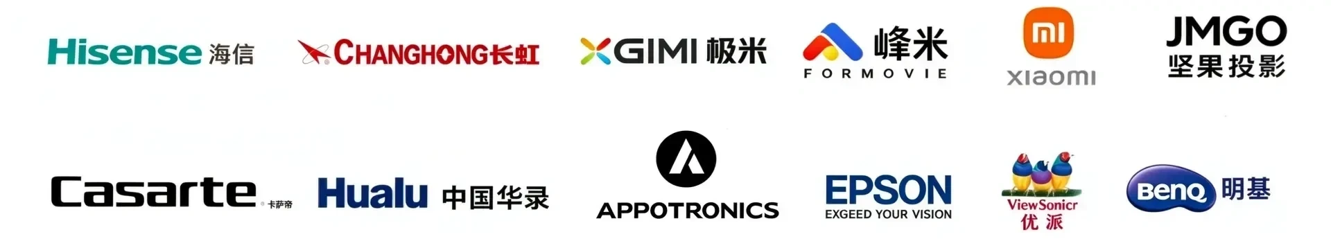 菲斯特 FSCREEN 战略合作伙伴品牌墙，包含海信、长虹、极米、峰米、小米、坚果投影、卡萨帝、中国华录、APPOTRONICS、EPSON、优派、明基