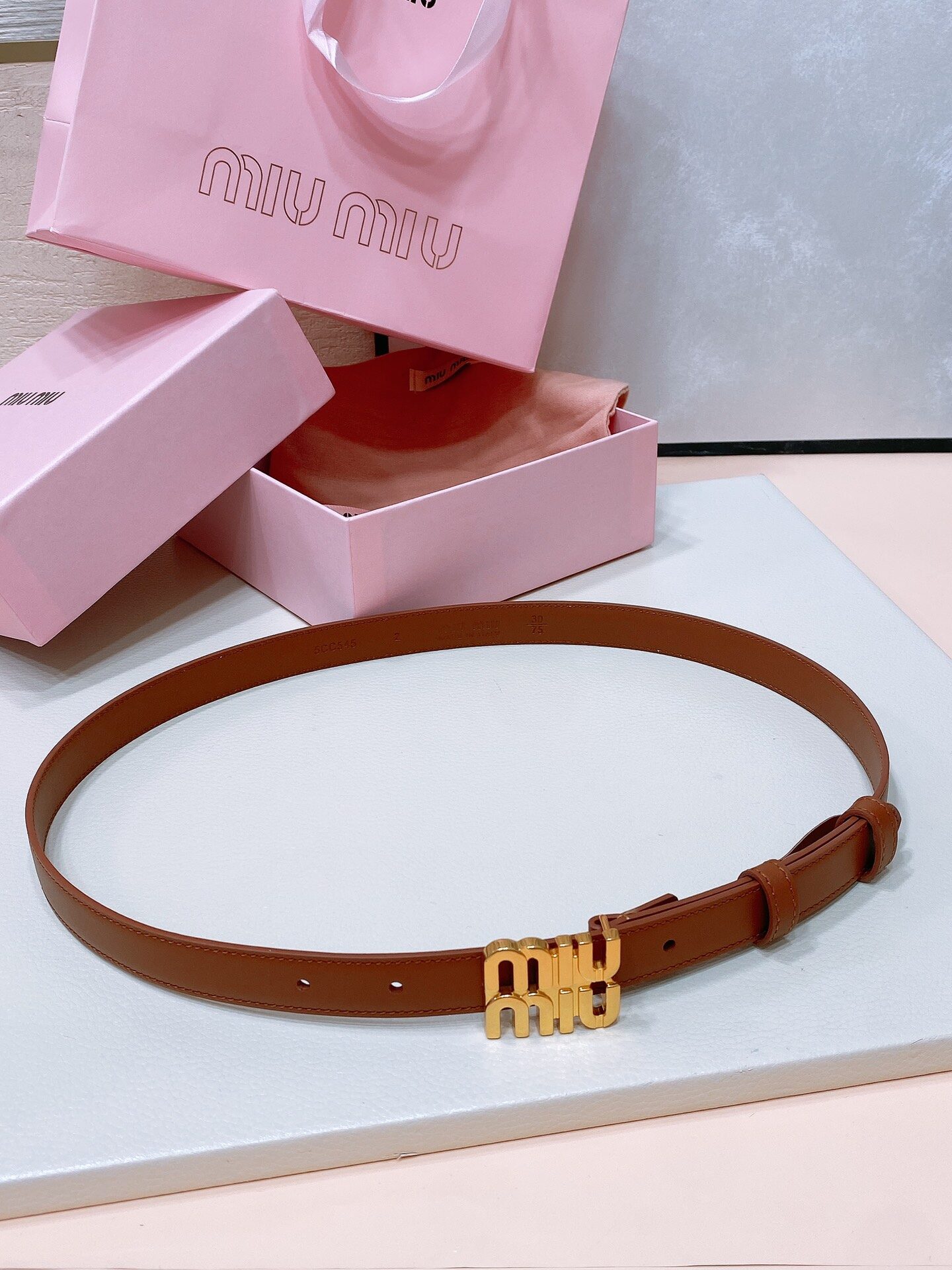 Miu Miu Miu Miu Logo Gold‑Tone Buckle Brown Leather Thin Belt