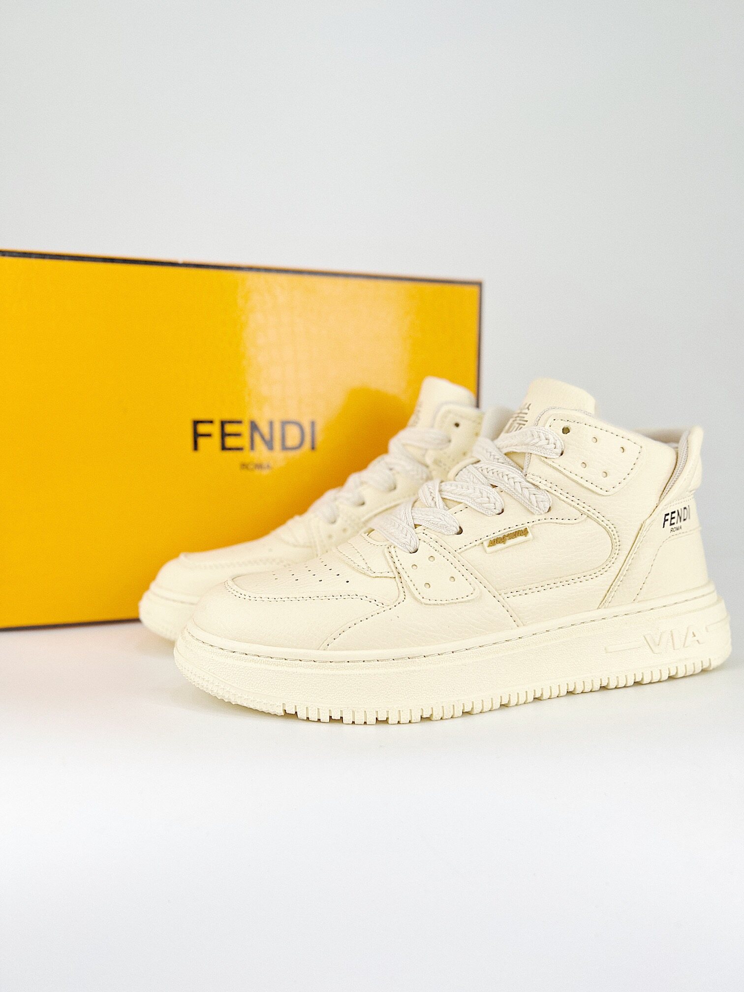 Fendi Cream Pebbled Leather Braided Thick Lace Elevated Platform High Top Sneakers