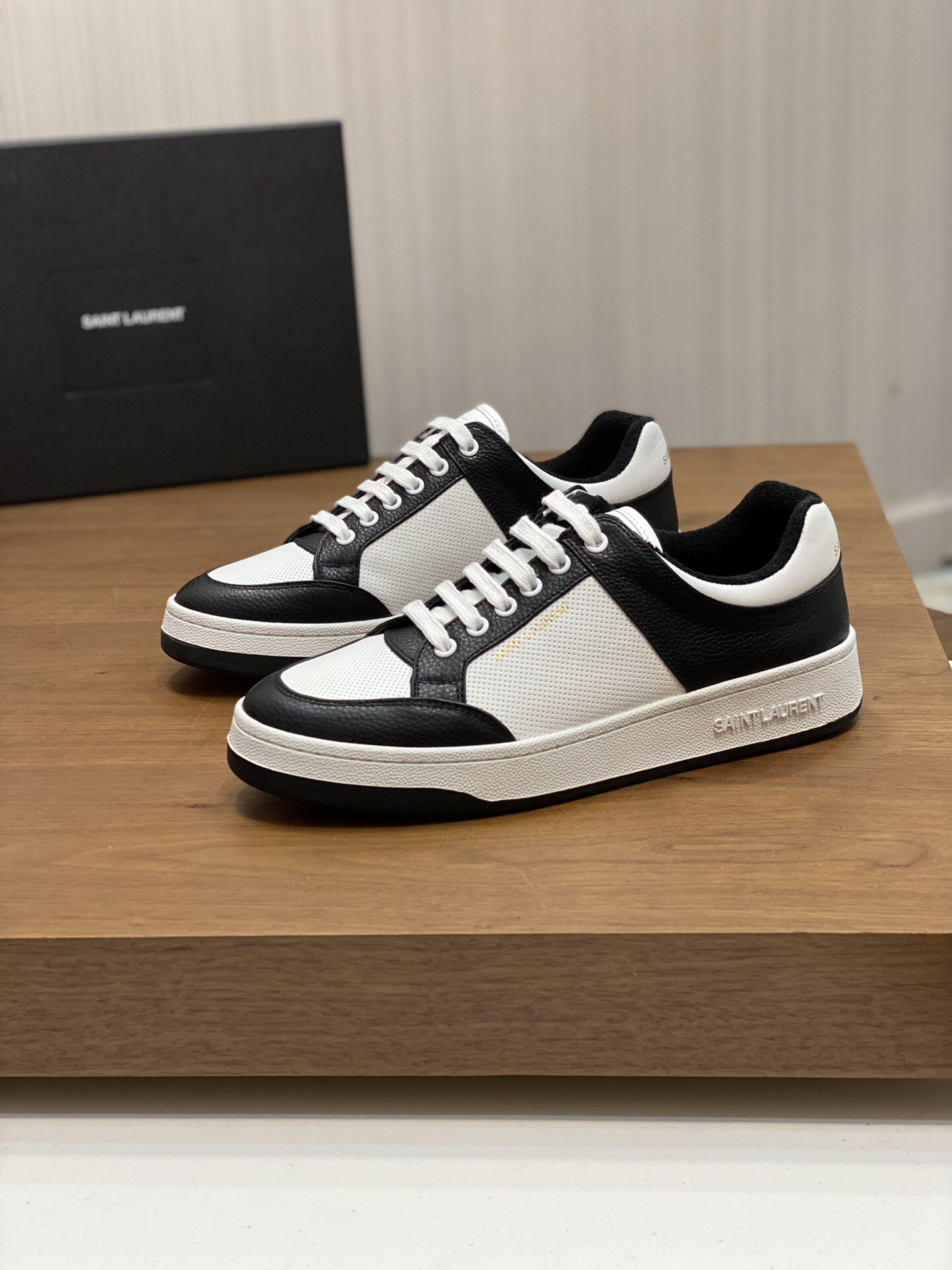 Saint Laurent Black White Perforated Leather Panel Flat Lace Retro Sneakers