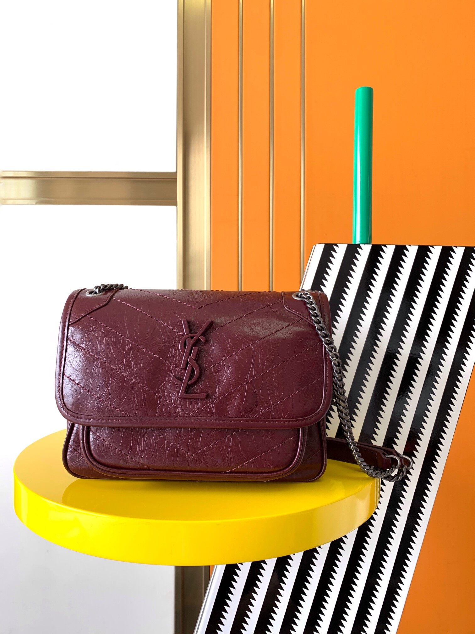 Saint Laurent Saint Laurent Burgundy Crinkled Leather V-Quilt Niki Vintage Chain Flap Bag