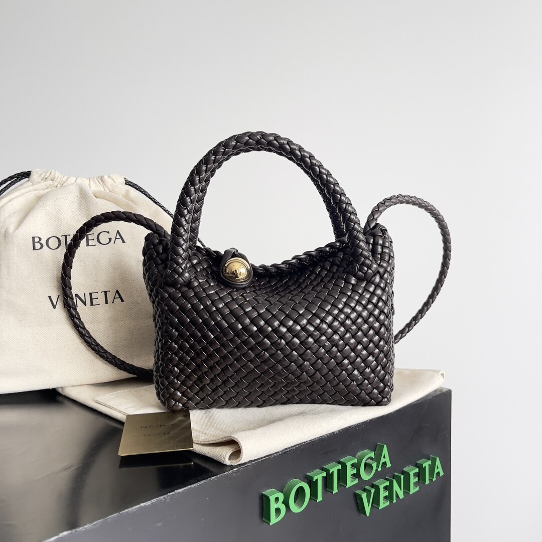 Bottega Veneta  Dark Brown Full Intrecciato Woven Gold Clasp Mini Tote Crossbody Bag