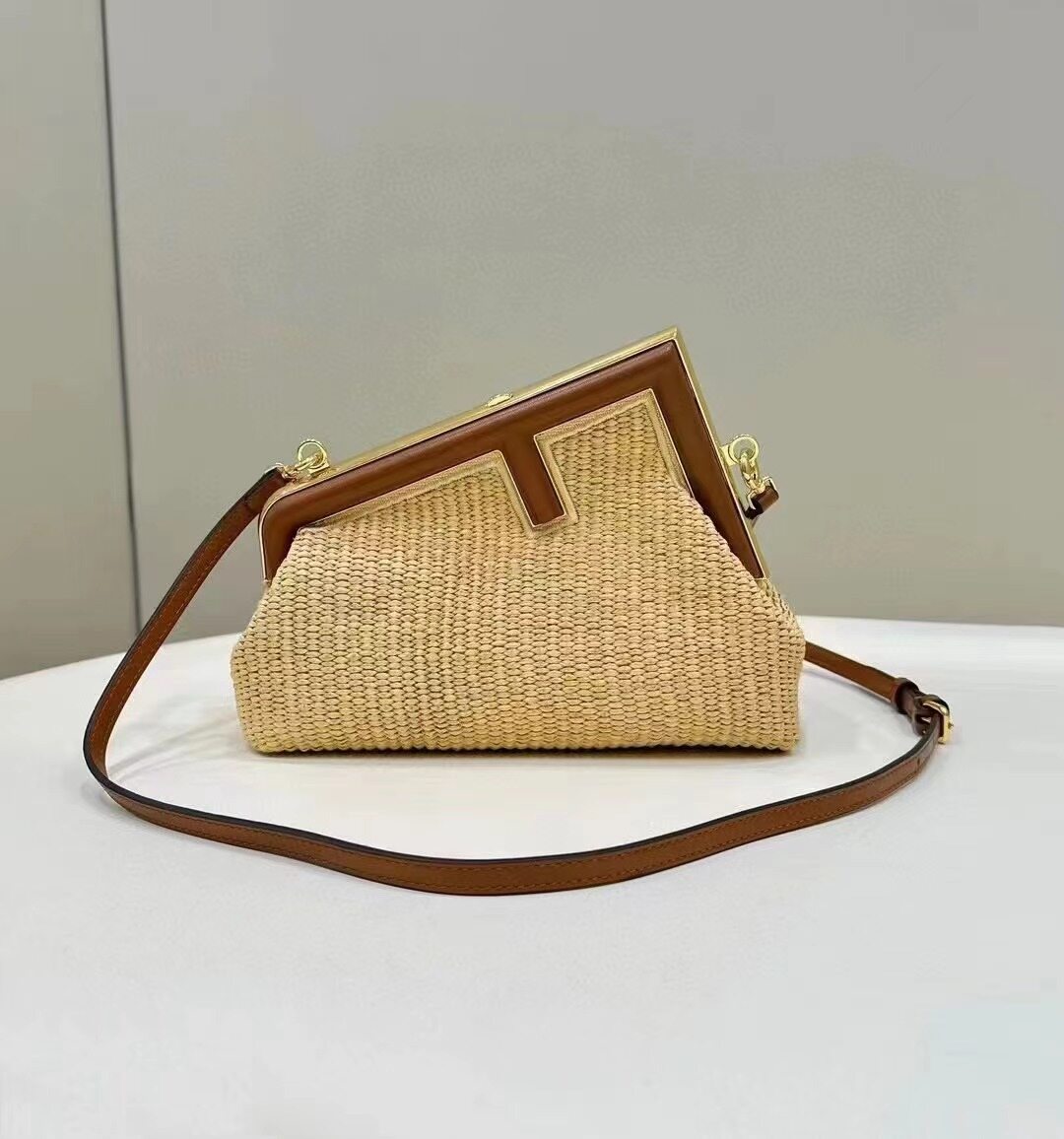 Fendi Fendi Raffia Woven First Frame Crossbody Clutch With Brown Leather Trim