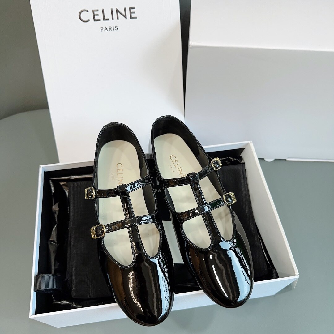 Celine  Black Patent Leather T-Strap Double Buckle Round Toe Mary Jane Flat Shoes