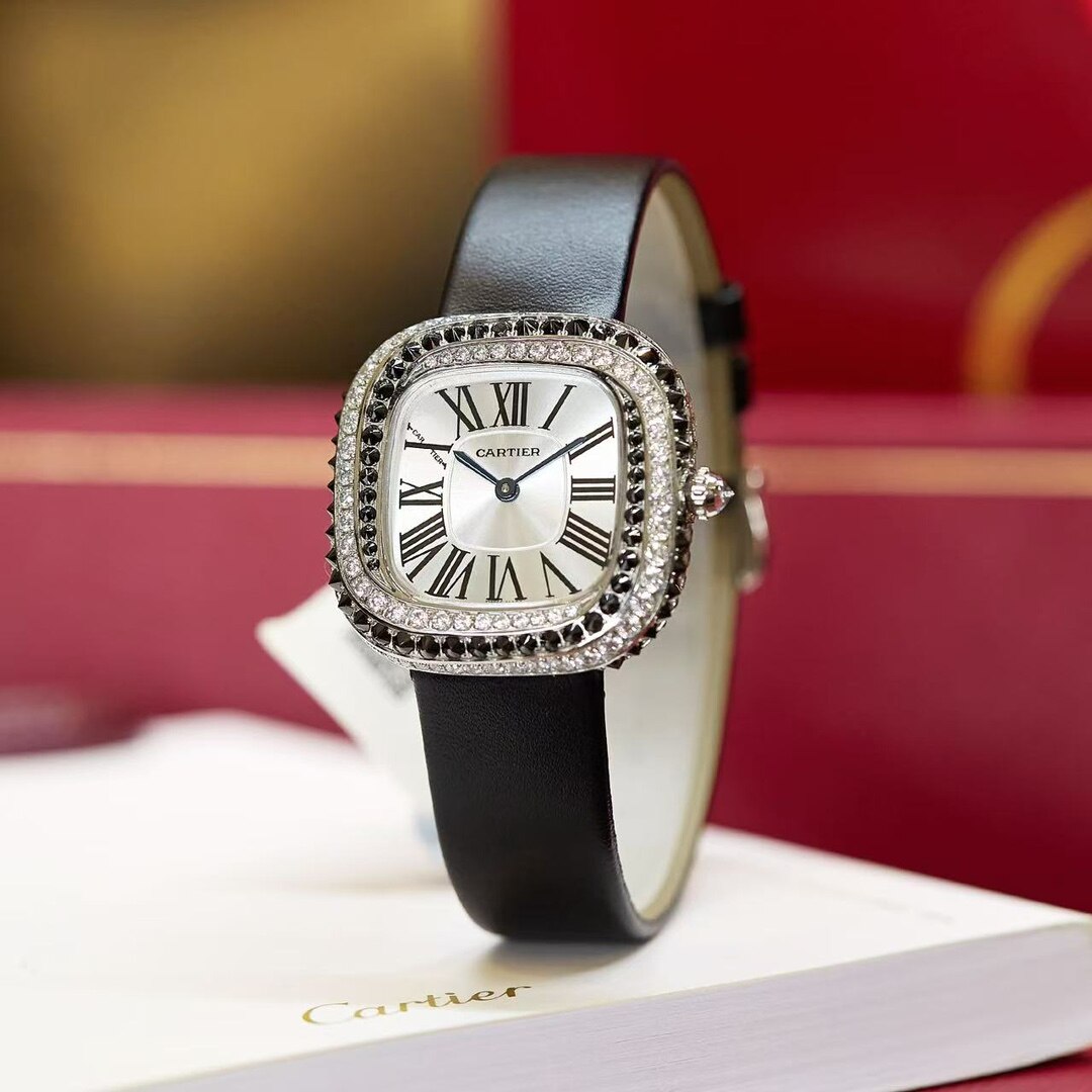 Cartier Cartier Coussin Cushion Steel Double Diamond Bezel Silver Dial Roman Numerals Leather Watch